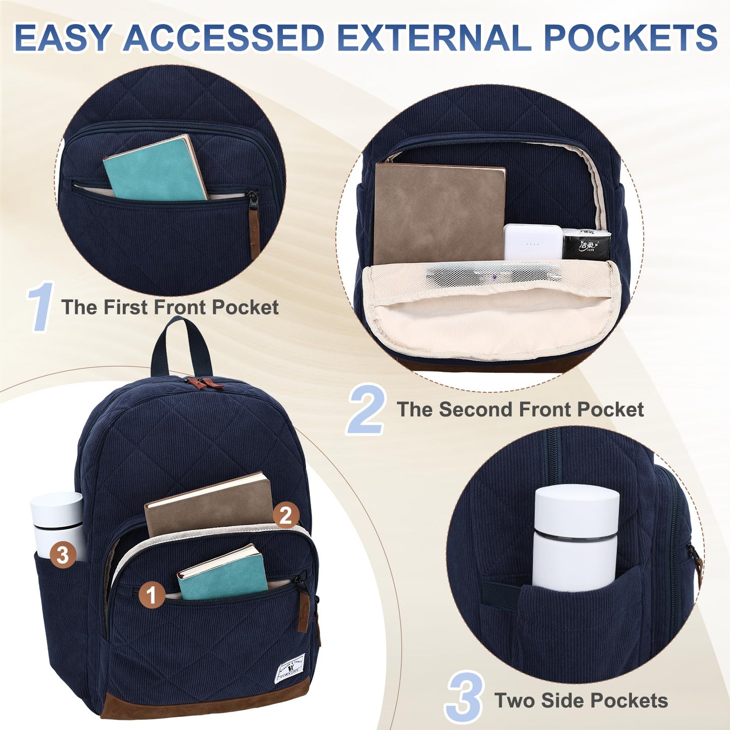 VX VONXURY Corduroy Backpack for Teens，Lightweight 15.6 inch Bookbag for Girls Boys Casual School bag for Men Women