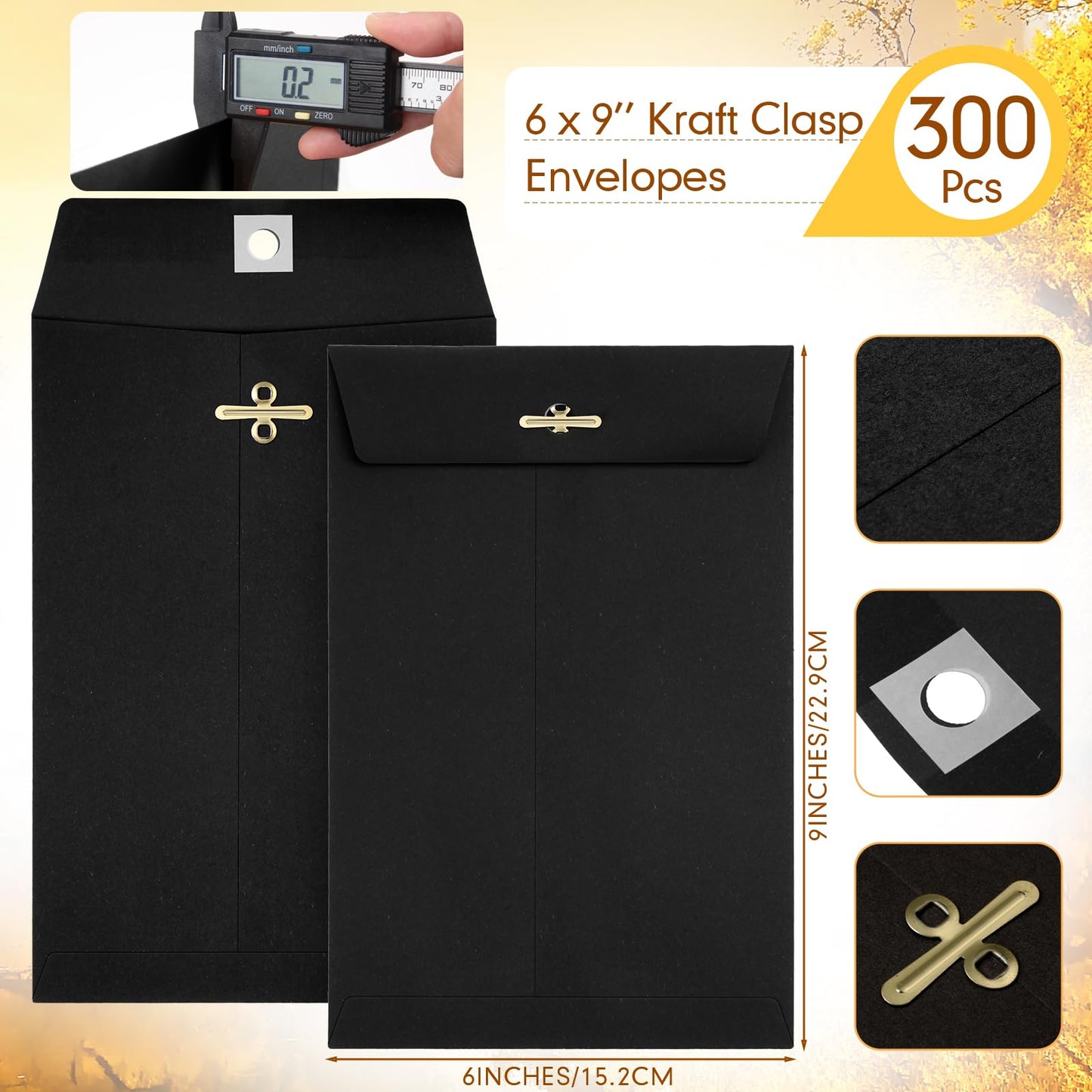 300 Pcs 6 x 9 Manilla Envelopes Clasp Kraft Catalog Envelope with Clasps Closure for Storing Mailing 28 lb Kraft Paper for Office Document Business School(Black)