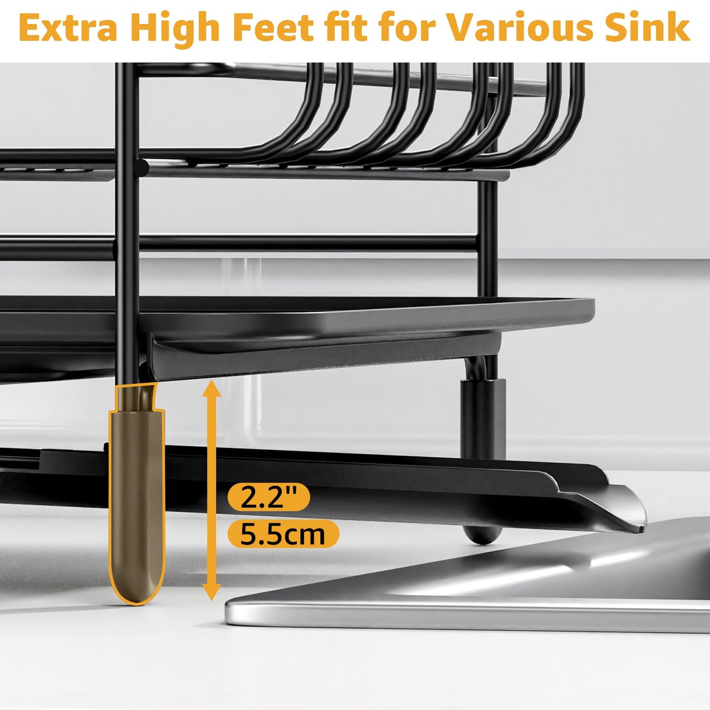 Urackify Large Dish Drying Rack, Expandable Dish Rack with Drain Board, Dish Drainer for Kitchen Couter, Dish Dryer Rack with Cups and Cutlery Holders, Matte Black