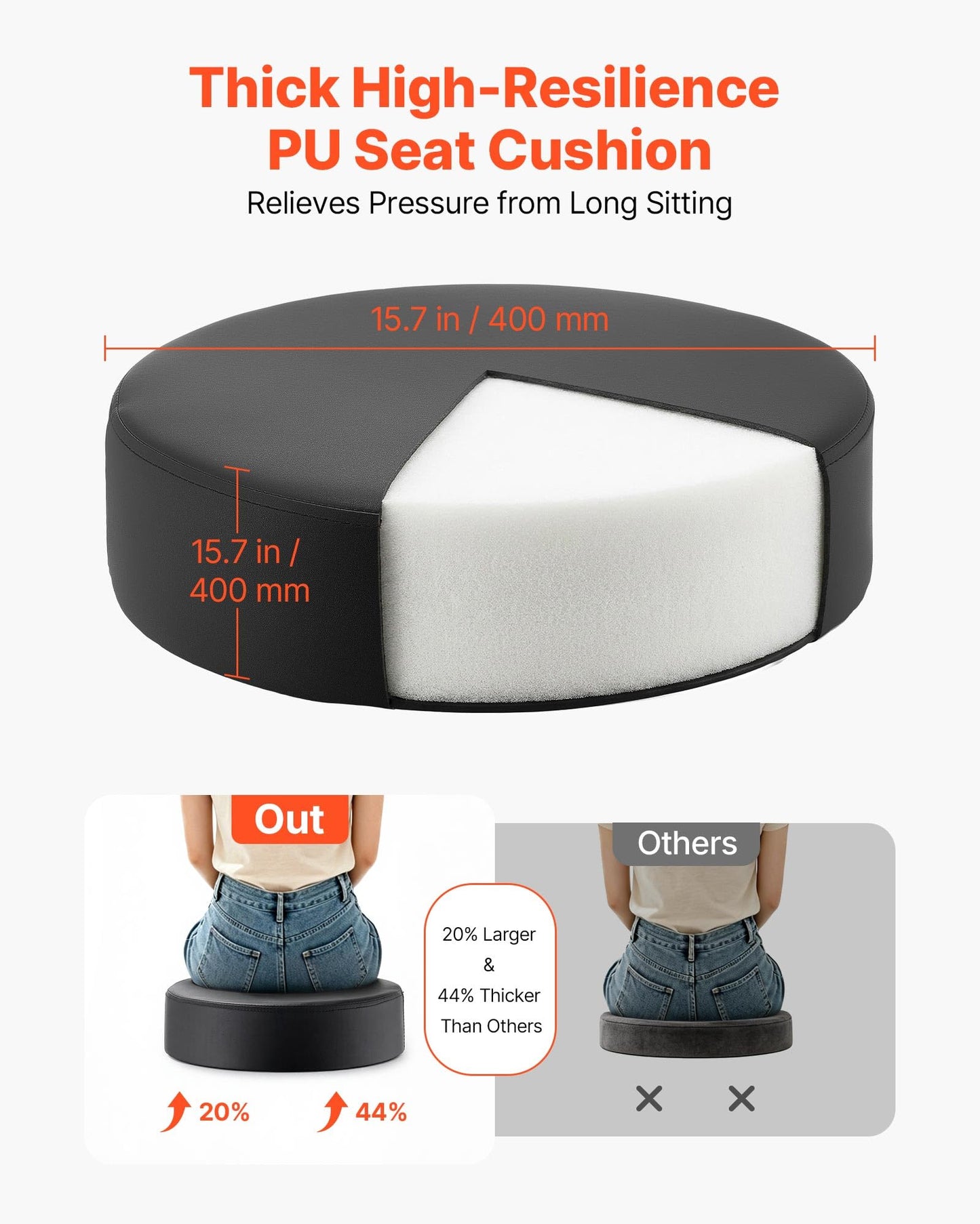 VEVOR Rolling Stool with Wheels, 500 lbs Weight Capacity, Height Adjustable, Thick Cushion Ergonomic PU Leather Seat, 360° Swivel Round Rolling Stool Chair for Salon, Spa, Clinic, Medical, Black