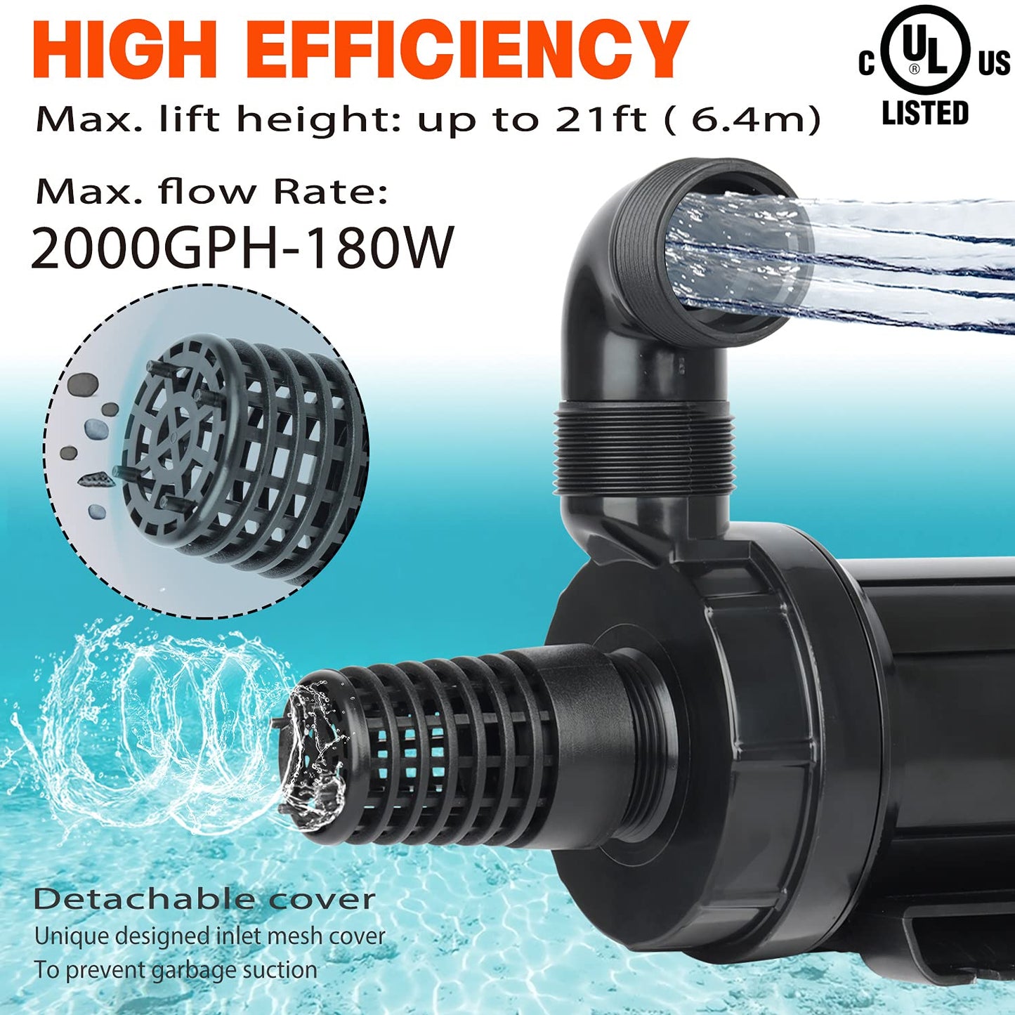 WaterRebirth (2000GPH-180W,UL listed)PS-High Flow Submersible Water Pump-Home / Inline Water Pump-Submersible Pump-Water Fountain Pump-Aquarium Pump,PC-2000
