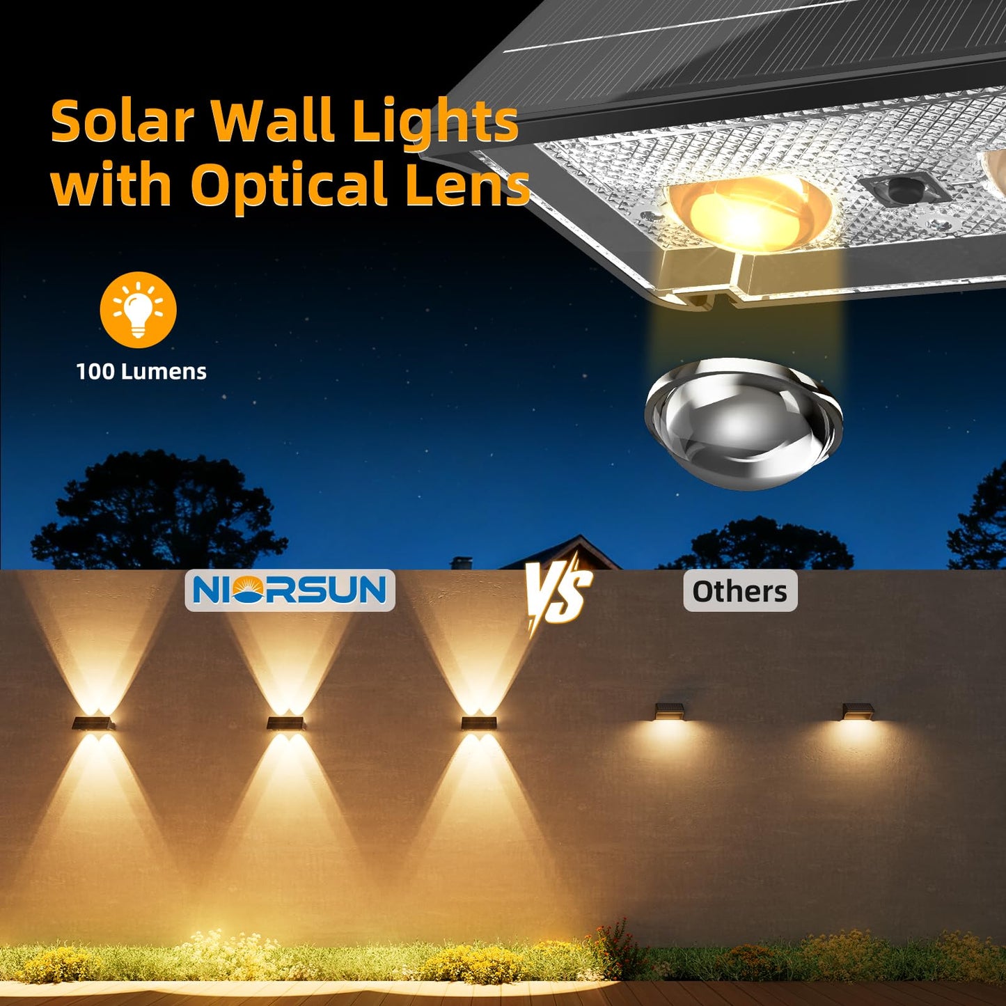 NIORSUN Solar Fence Lights Outdoor, 8 Pack Up and Down Waterproof Solar Wall Lights, Fence Lights with Lens, Warm & Cool White + RGB, Dusk to Dawn Lighting for Patio, Backyard, Pool, Railing (Black)