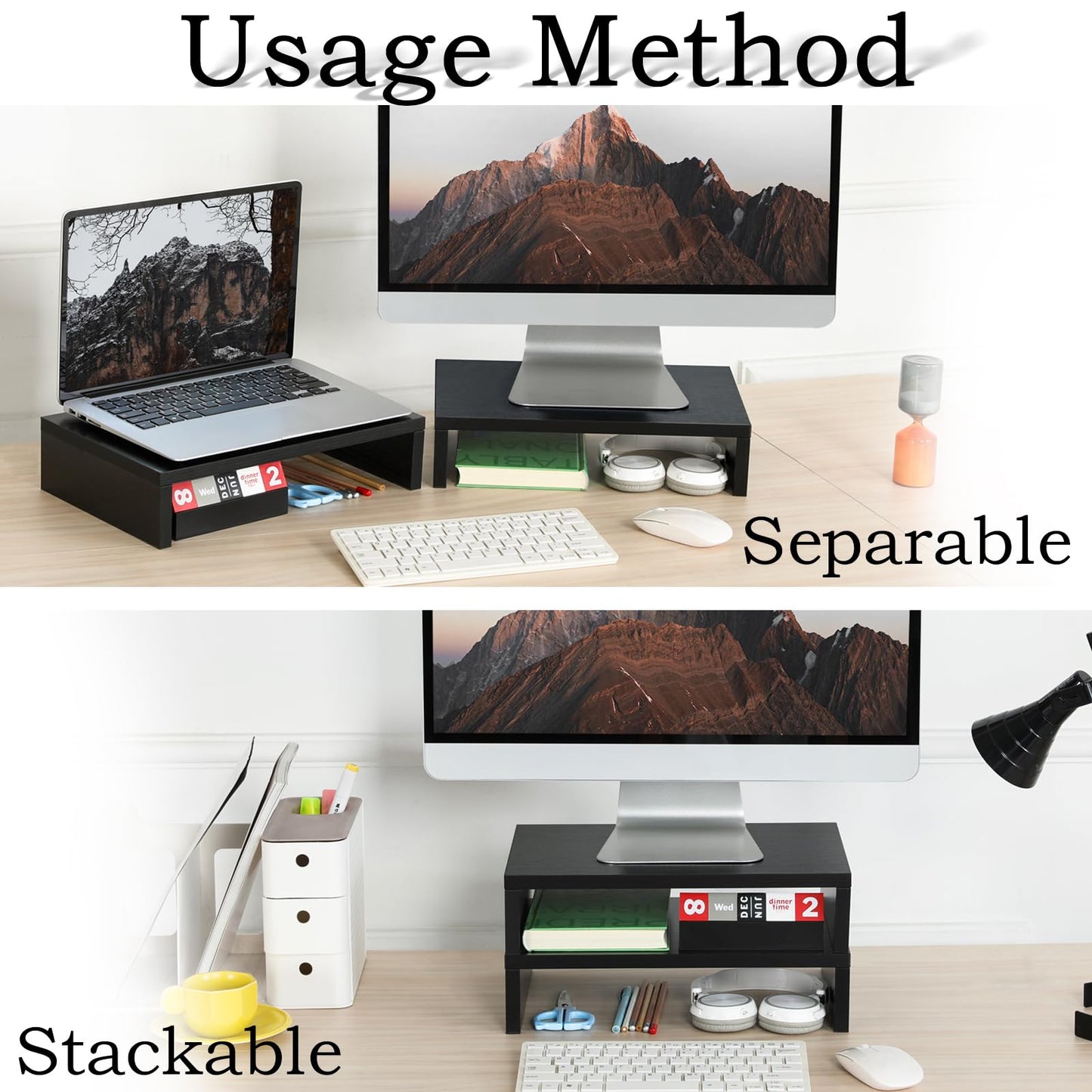 TEAMIX 2 Pack Wood Monitor Stand Riser, Black Adjustable Computer Stand Dual Monitor Riser for Monitors/Laptops/TV, Desktop Shelf Space-Saving