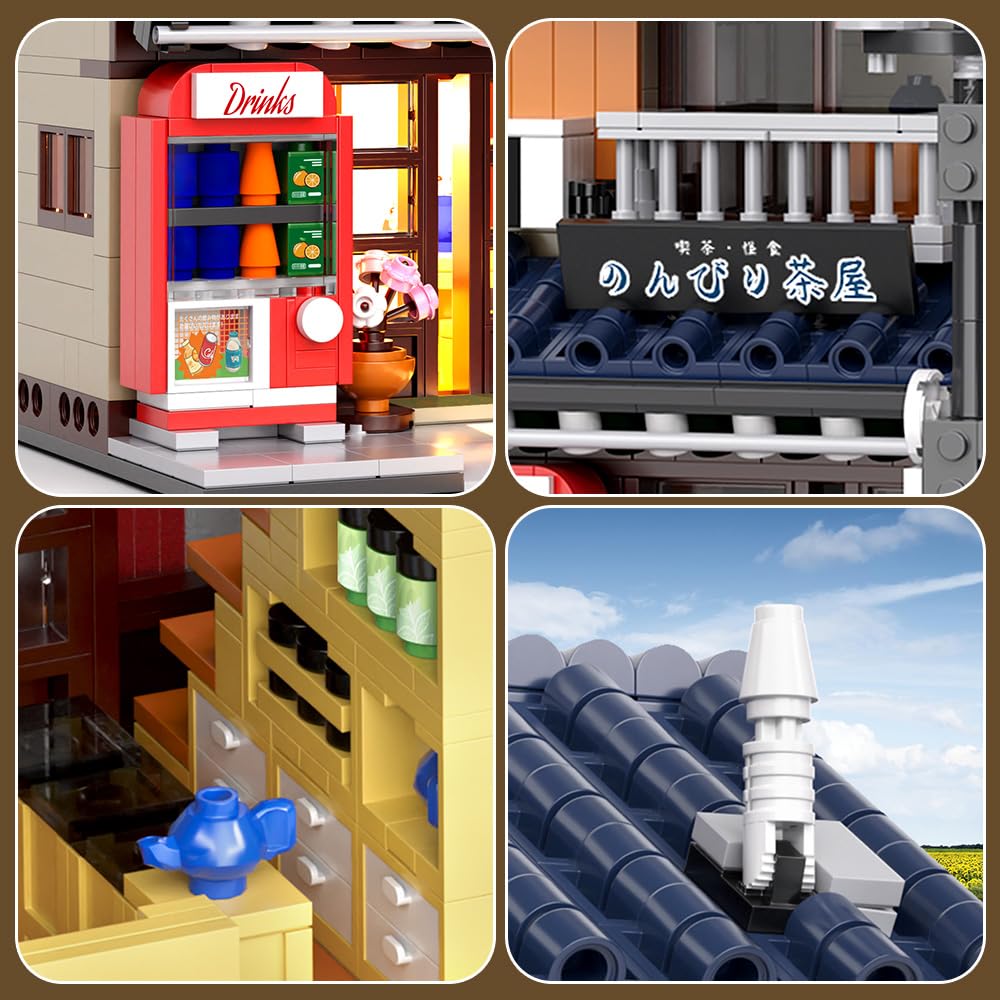 Japanese Tea House Mini Building Set with LED - Japanese Street View Simulation Architecture Construction Toy,Mini Brick 1219pcs