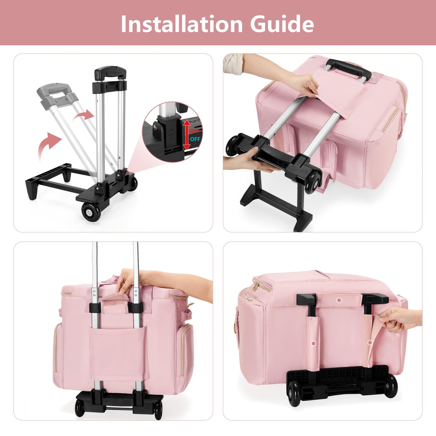 Prokva Rolling Teacher Bag with Wheels, Teacher Tote Bag with Detachable Trolley, Fits for 15.6" Laptop, Pink (Patent Design)