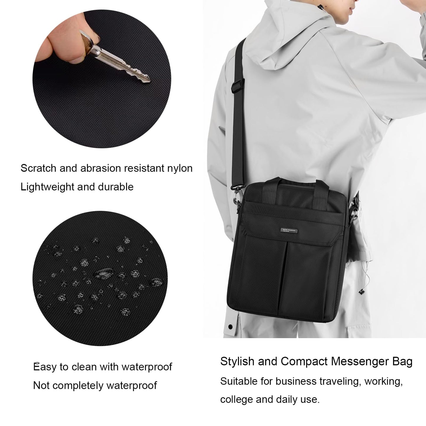 Laptop Bag 14 Inch Briefcase for Men Women Waterproof Nylon Lightweight Compact, Shoulder Messenger Handbag for Business Work Office Travel College Black