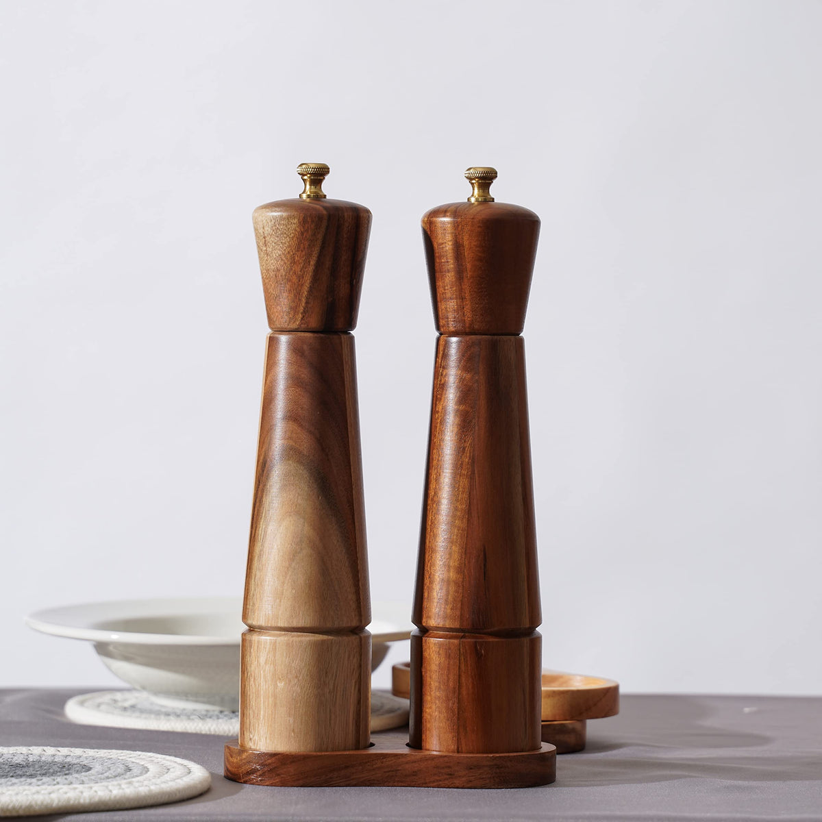 DeroTeno Salt and Pepper Grinder Set with Tray, Adjustable Ceramic Grinder Salt Mill, Stainless Steel Grinder Pepper Mill, Acacia Wood, 27 cm / 10 inch Height, Bottom Dia 6 cm (Tray is Included)