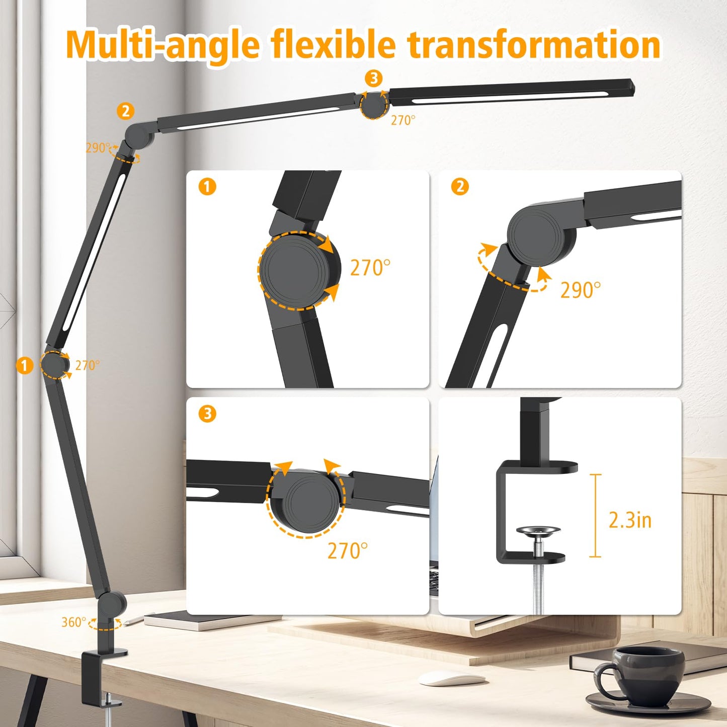 AILBTON LED Desk Lamp with Clip,Multi-Angle Flexible 4 Sections 3 Light Sources Office Desk Lamp,4 Color Temperatures and 5 Brightness Levels,Night Eye Care Table Lamp for (LED Desk Lamp)
