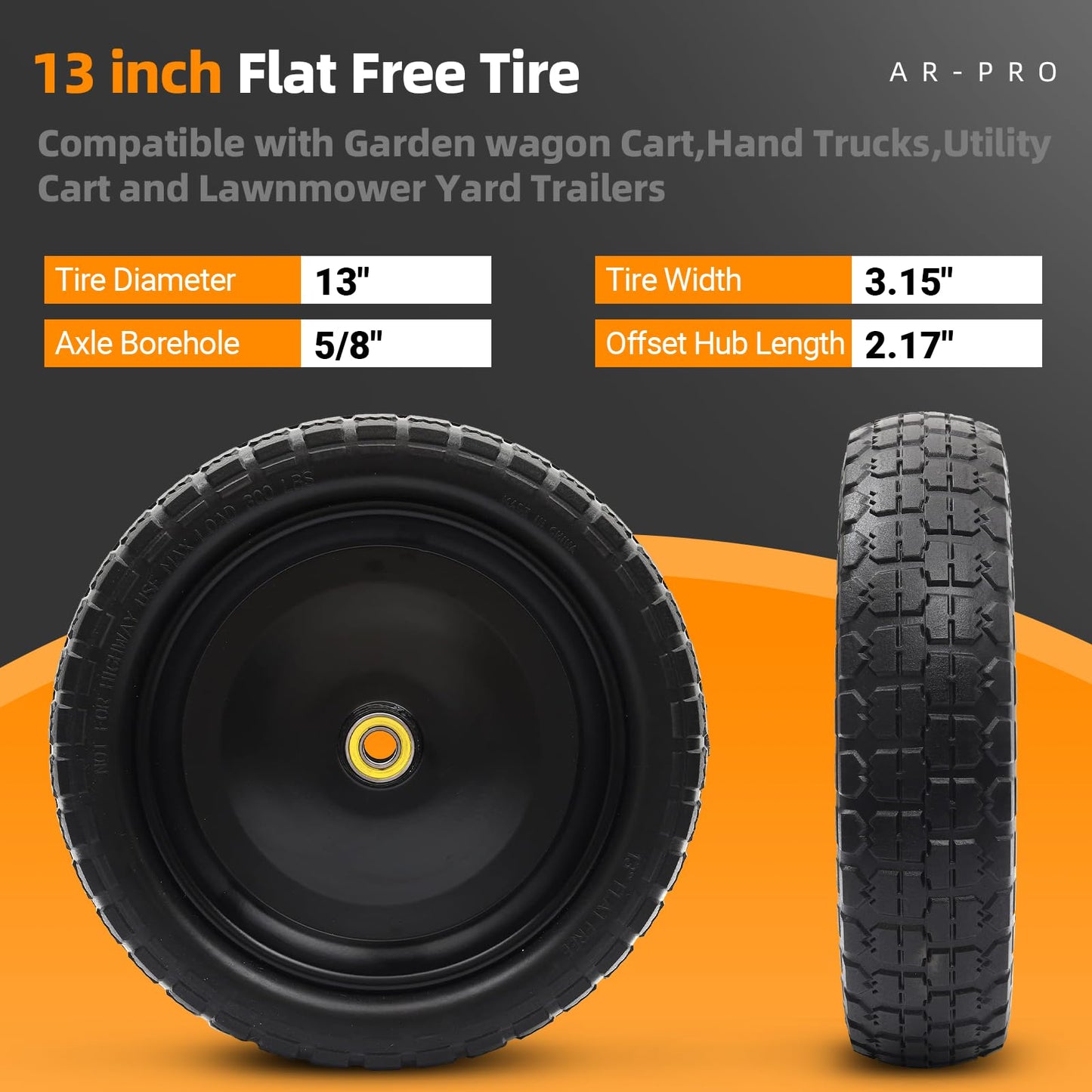 (2-Pack) 13‘’ Replacement Tire for Gorilla Cart - Solid Polyurethane Flat-Free Tire and Wheel Assemblies