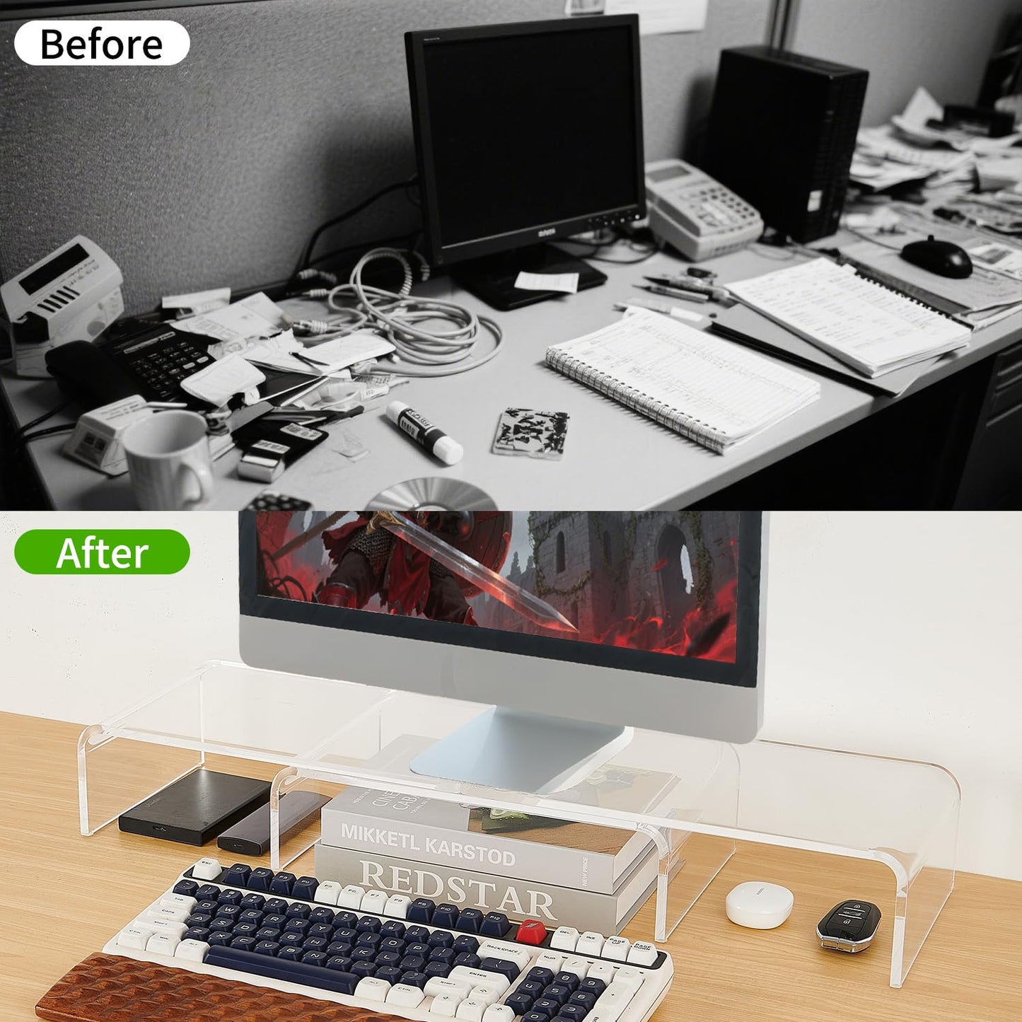 LEKETREE Acrylic Dual Monitor Stand Riser, 3 Shelf Monitor Stand, Adjustable Length and Angle with Anti-Slip Mat for Laptop, Computer, Printer, Projector, CD Player, Coffee Machine