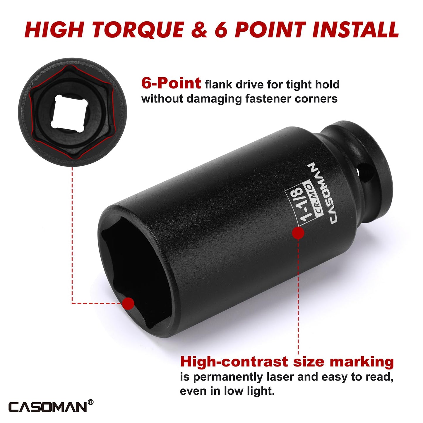 CASOMAN 14PCS 1/2" Drive Deep Impact Socket Set, SAE, 6-Point, CR-MO, 3/8" to 1-1/4", for Auto Repair, Mechanic, with Portable Case, Easy-to-Read Size Markings, Rugged Construction