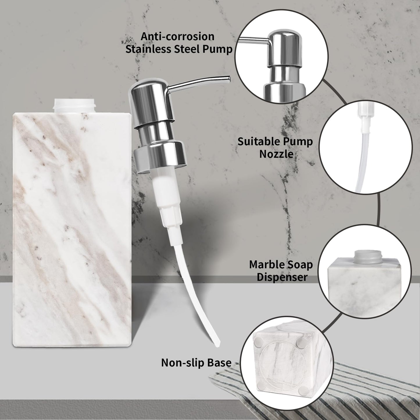 Amaauto White Marble Soap Dispenser for Bathroom and Kitchen Countertop - Lotion and Liquid Soap Dispenser, 6.7 Ounces Soap Bottle with Pump
