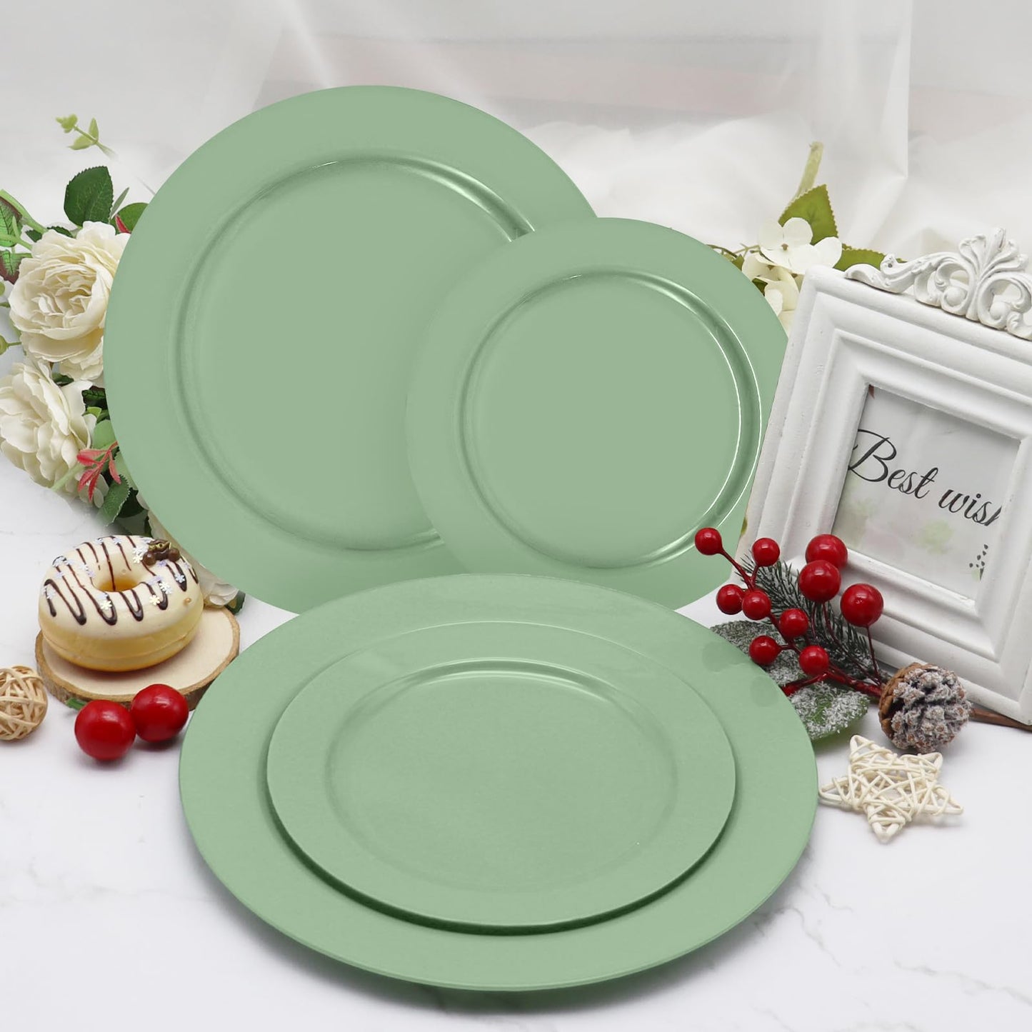 joy akkess 50PCS Sage Green Plastic Plates - Heavy Duty Sage Green Plates Disposable include 25 Dinner (10.25") & Dessert/Salad (7.5") for Birthday, Baby Shower, Wedding