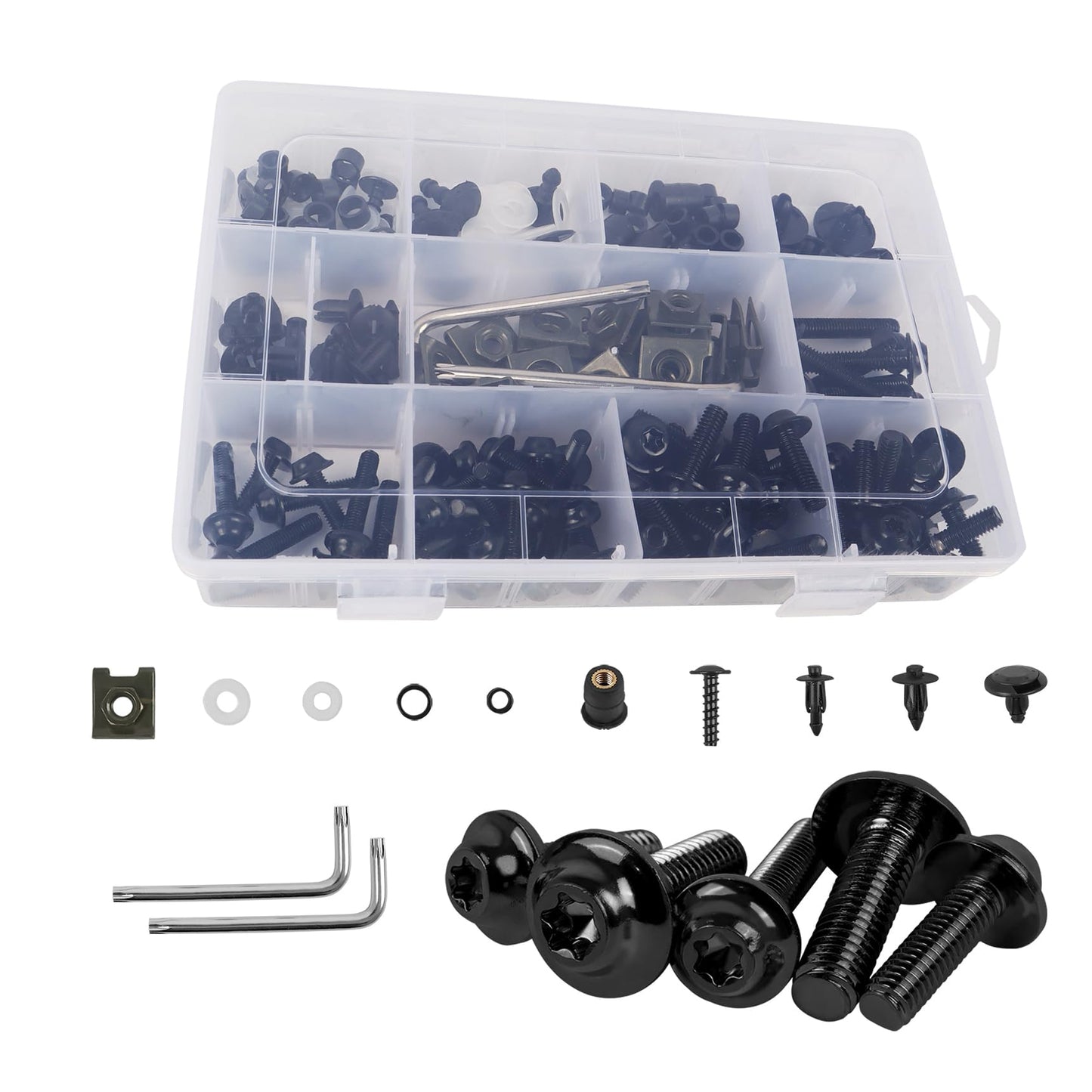 CHIFUN 195Pcs Motorcycle Fairing Bolt Kit Black M5 M6 Stainless Steel Screws Assortment Kit Plastic Grommets Nuts Washers Clips Universal for Sport Dirt Bike Bodywork Fairing Windscreen