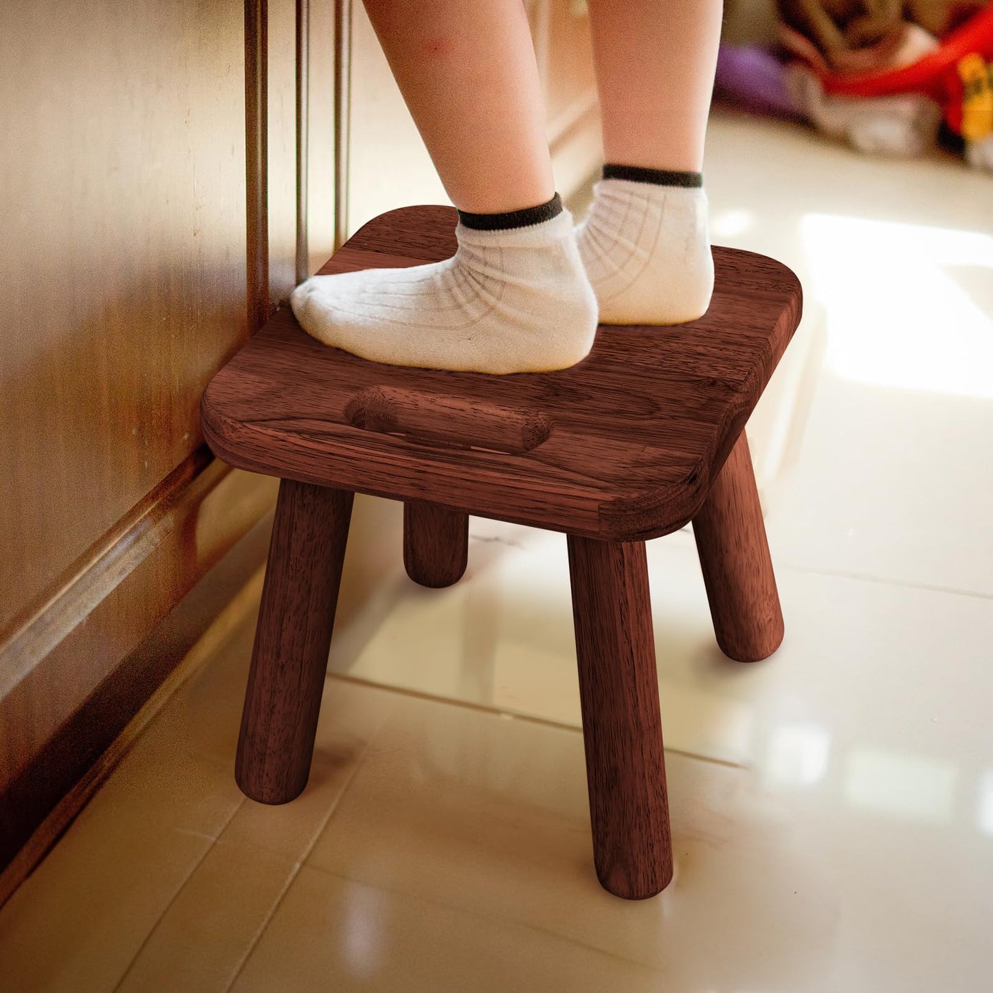 SEEMINES Small Wooden Step Stool,100% Solid Wood Stool with Non-Slip,300lb Load-Bearing Square Step Stool for Bathroom Kitchen Bedroom Living Room Plant Stools (Walnut Color)