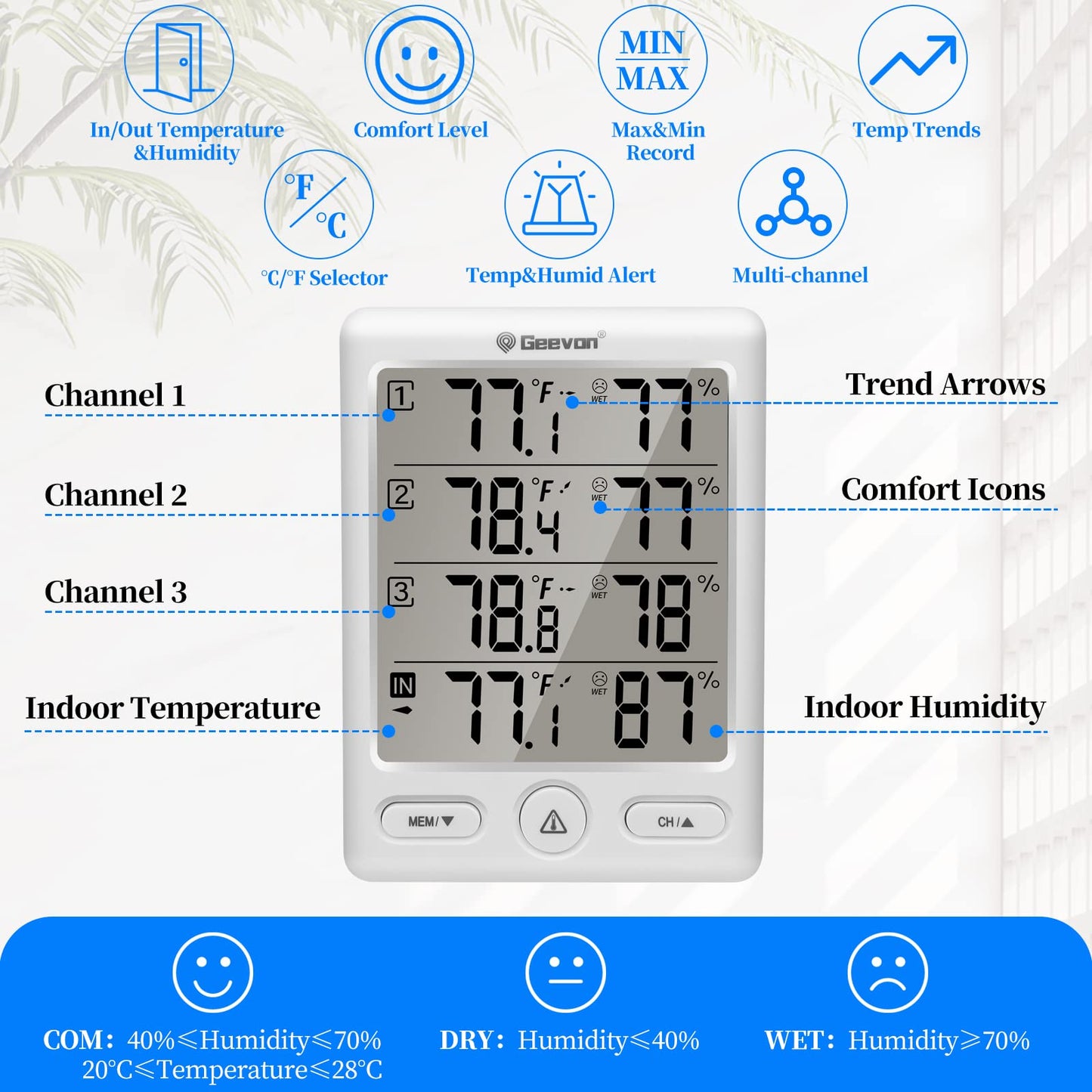 Geevon Indoor Outdoor Thermometer Wireless with 3 Remote Sensors, Digital Hygrometer Thermometer Temperature Humidity Monitor with Comfort Indicator, Temp Alarm, 60M/200FT Range for Home(White)