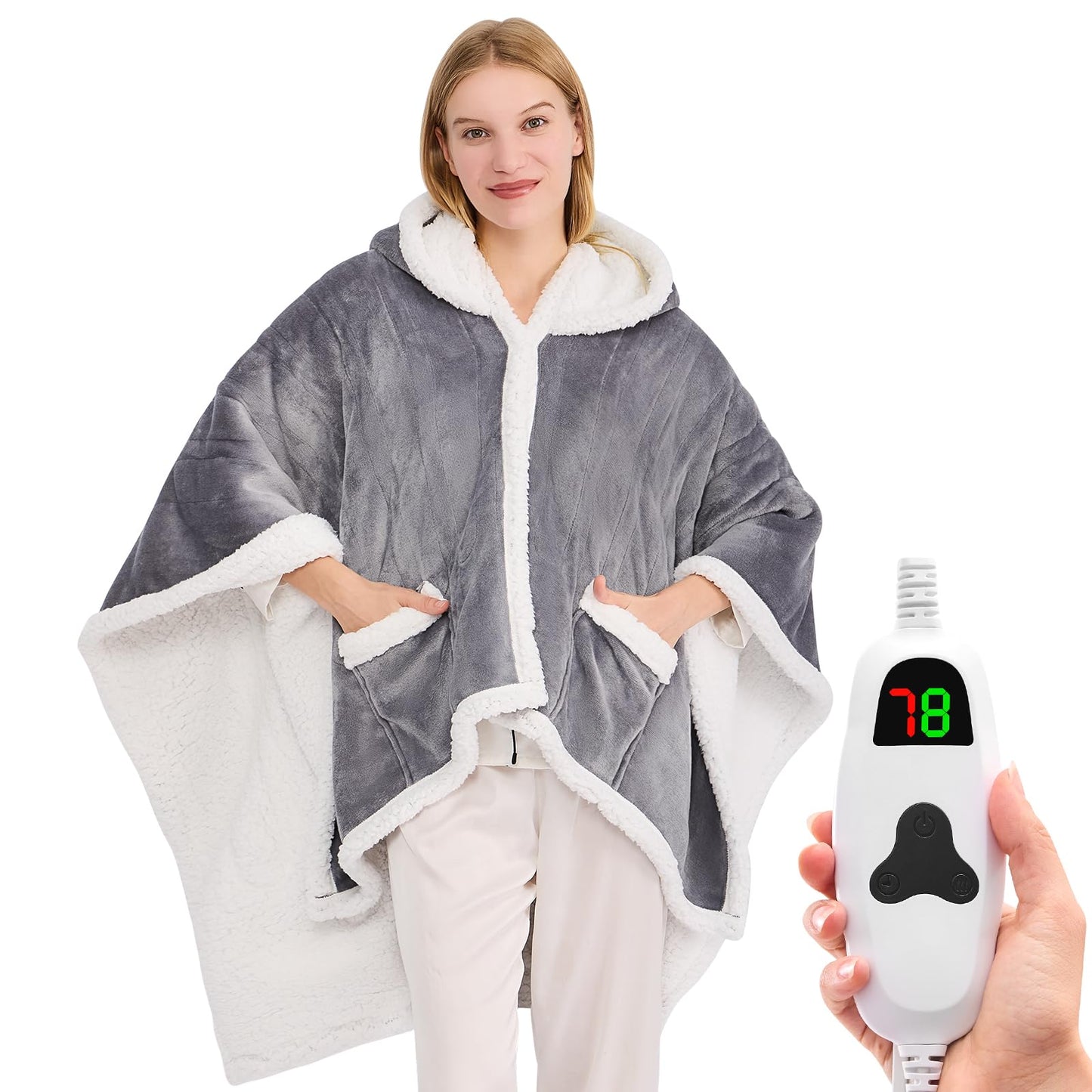 greenoak Wearable Heated Throw Blanket Electric Shawl - Heated Robe Poncho Blanket Hoodie for Adult, Winter Gifts for Mom Women Girlfriend Grandma 5-Position Timer 10-Heating Levels,Ash Gray