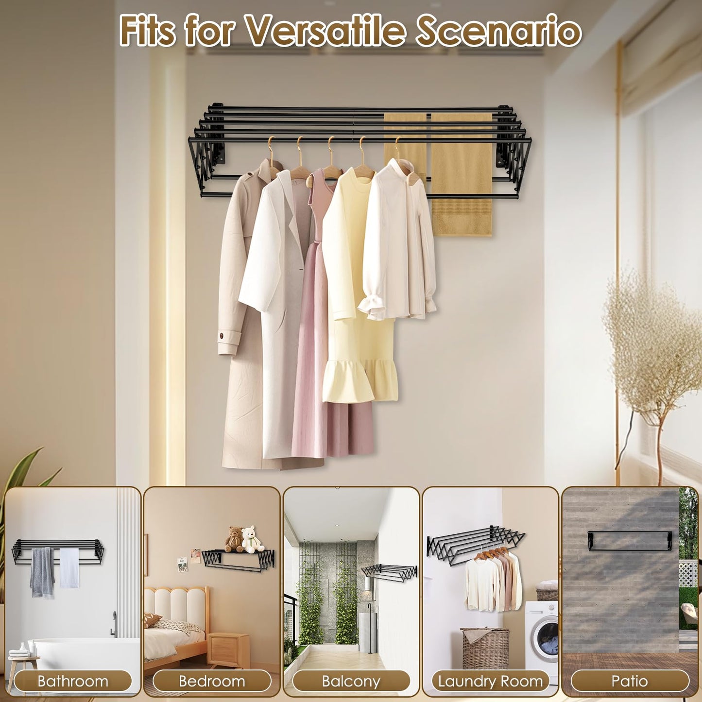 XL-31.5'' Wall Mounted Clothes Drying Rack, 130 lbs Large Capacity Rustproof Retractable Collapsible Drying Rack Easy Install with 7 Drying Rods, Space Saving Towel Drying Rack for Laundry-Black