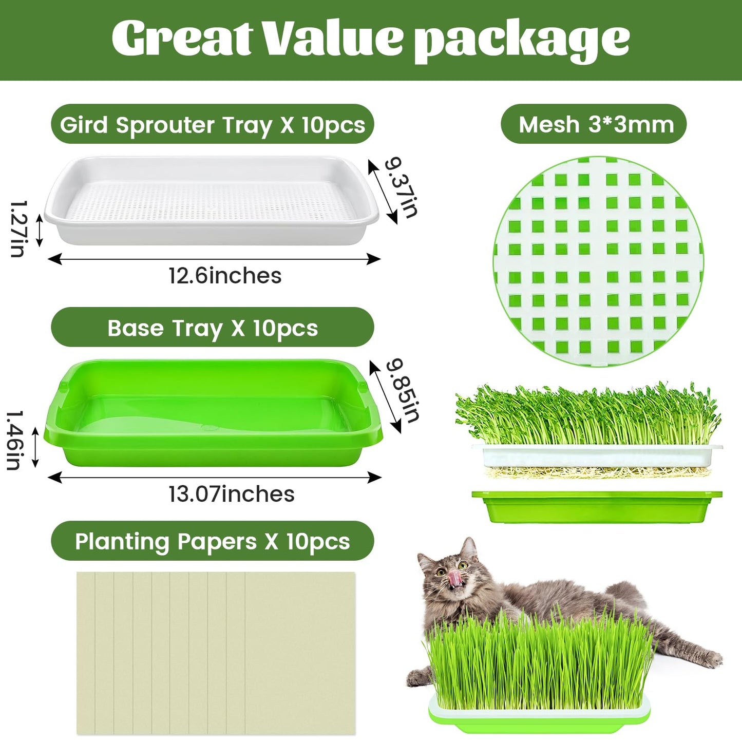 Legigo 10 Pack Green Seed Sprouter Trays- Soil-Free Cultivation Germination Tray, BPA Free Nursery Tray with Planting Paper for Indoors or Outdoors Sprouting Seeds, Grow Grass, Beans