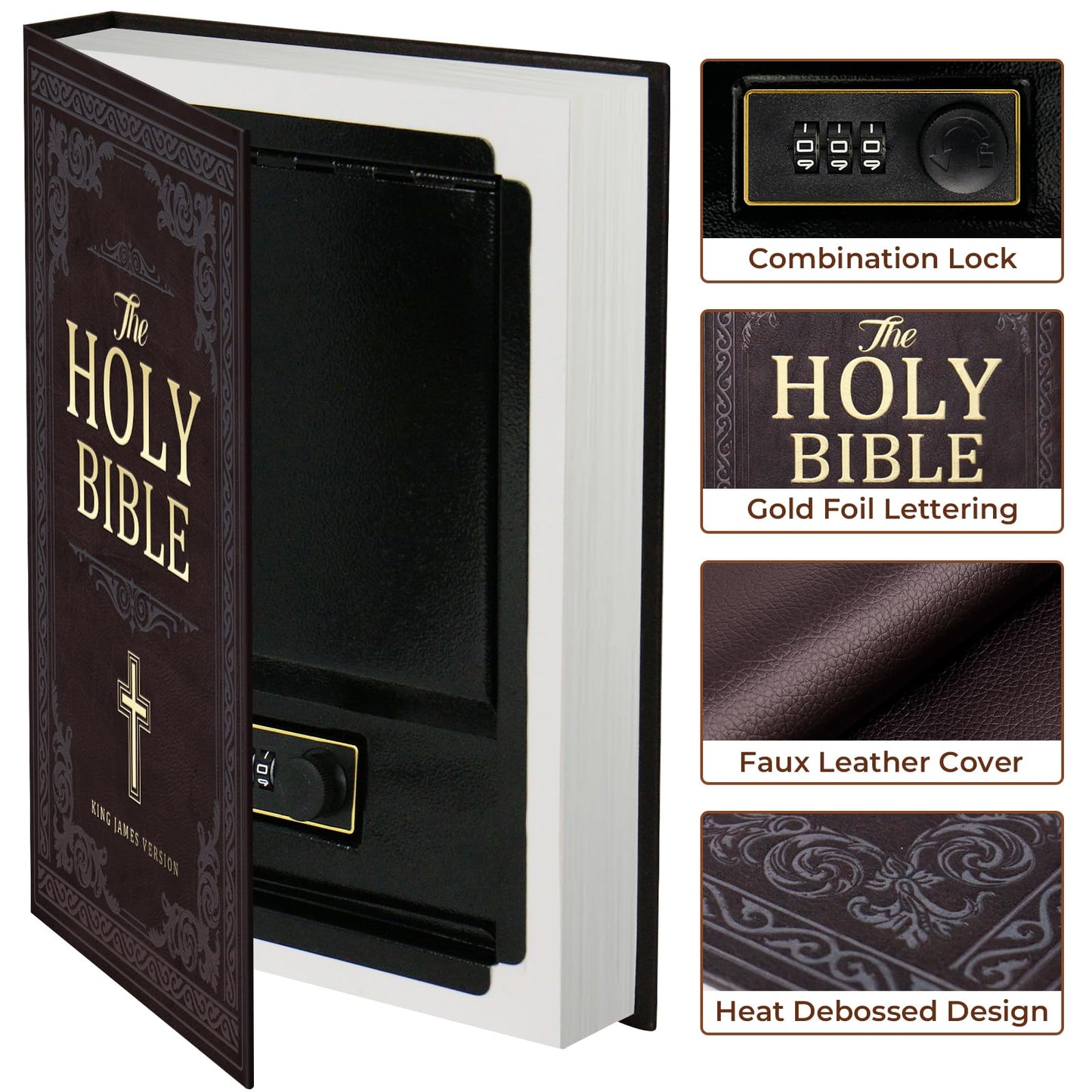 Book Safe with Combination Lock, Hidden Safe (10.9 x 7.7 x 1.8 Inch) with Fireproof Bag, Secret Diversion Safe, Hollow Book Box Hidden Storage, Money Safe Box for Cash (Bible)