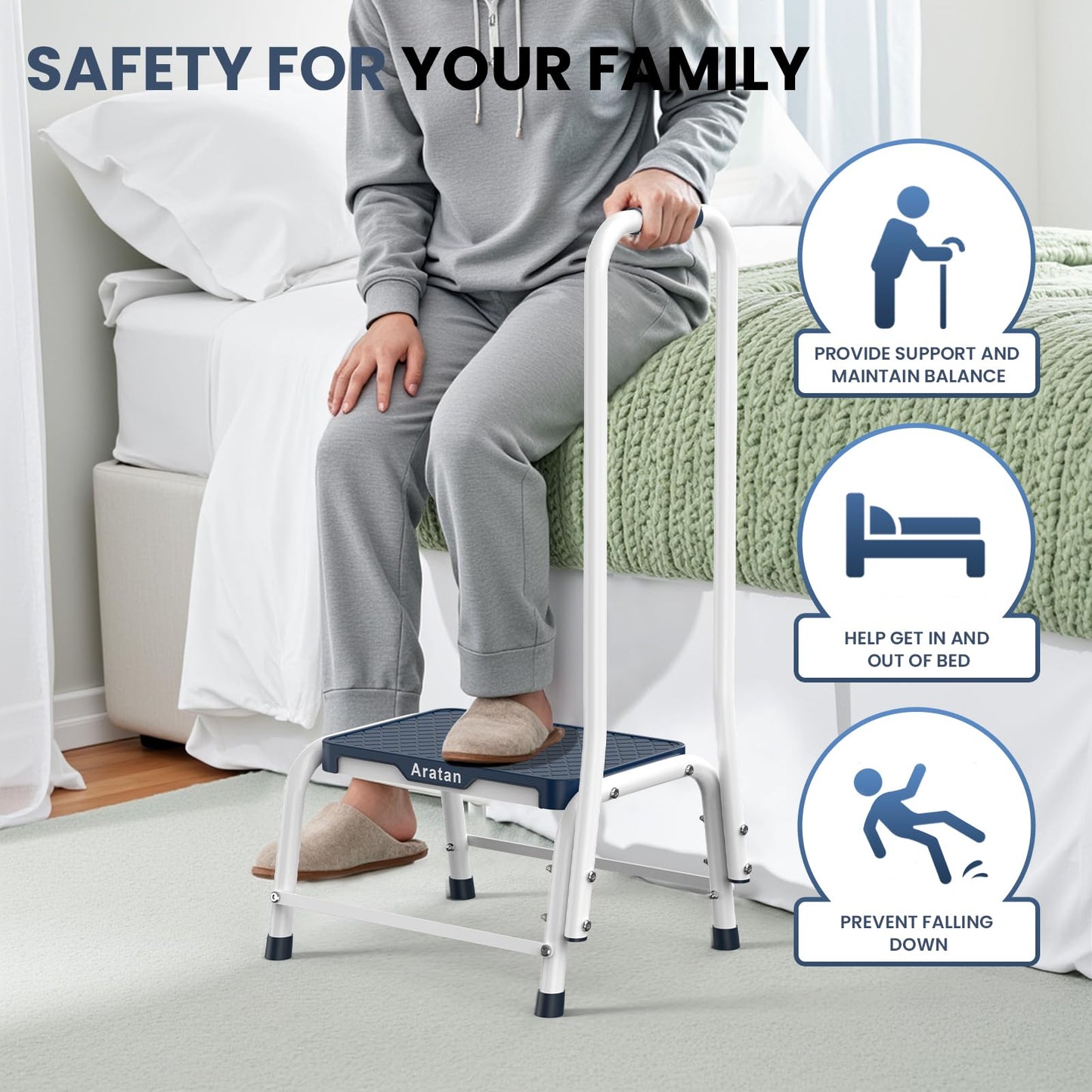 Step Stools with Handle, Stepping Stool for Adults Ederly Seniors Metal Stools with Handrail with Non-Slip Step Platform Metal Stepping Stool in Kitchen, Bathroom, Bedroom, 330 Lbs Capacity