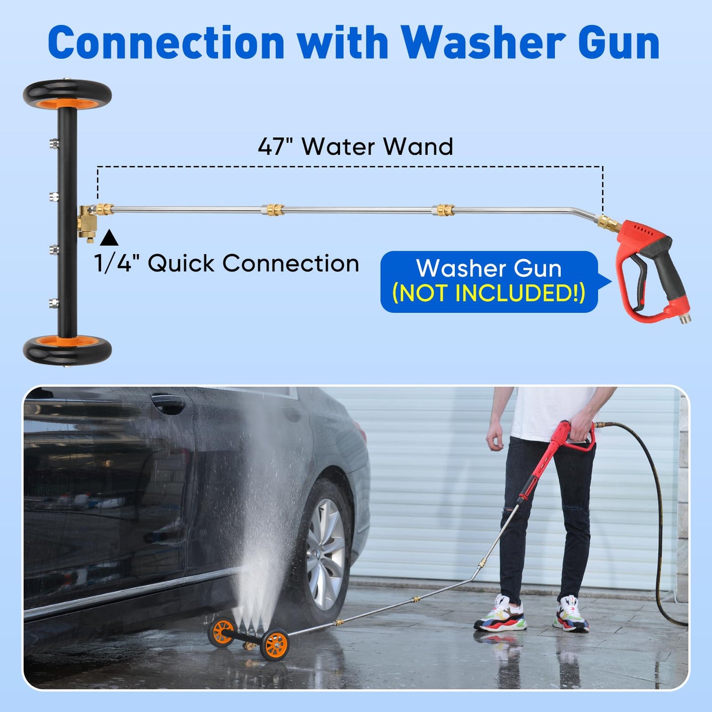 2-in-1 16' Undercarriage Pressure Washer Water Broom, 4000PSI Under Car Pressure Washer Attachment with 3 Pieces Extension Wand & Hub Brusher, Surface Cleaner (Without Bottle& Replaceable Nozzle)