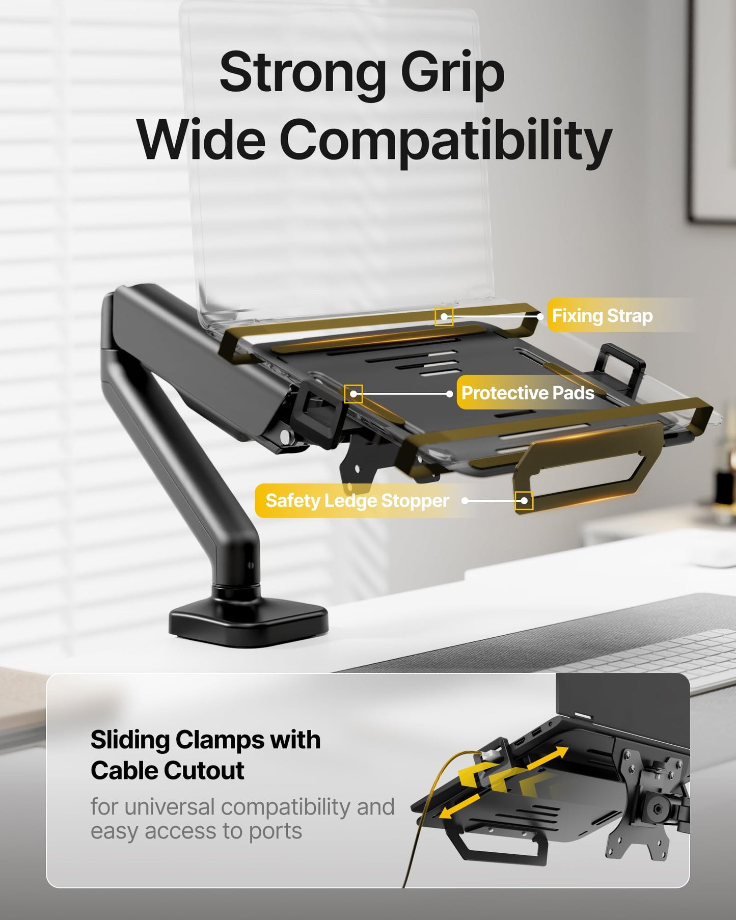monTEK Laptop Arm Mount for Desk, 2-in-1 Monitor & Laptop Stand with Adjustable laptop Tray, Fits Max 18" Notebook and 32" Screen, Aluminum Single Monitor Holder with VESA 75/100, Clamp/Grommet, Black