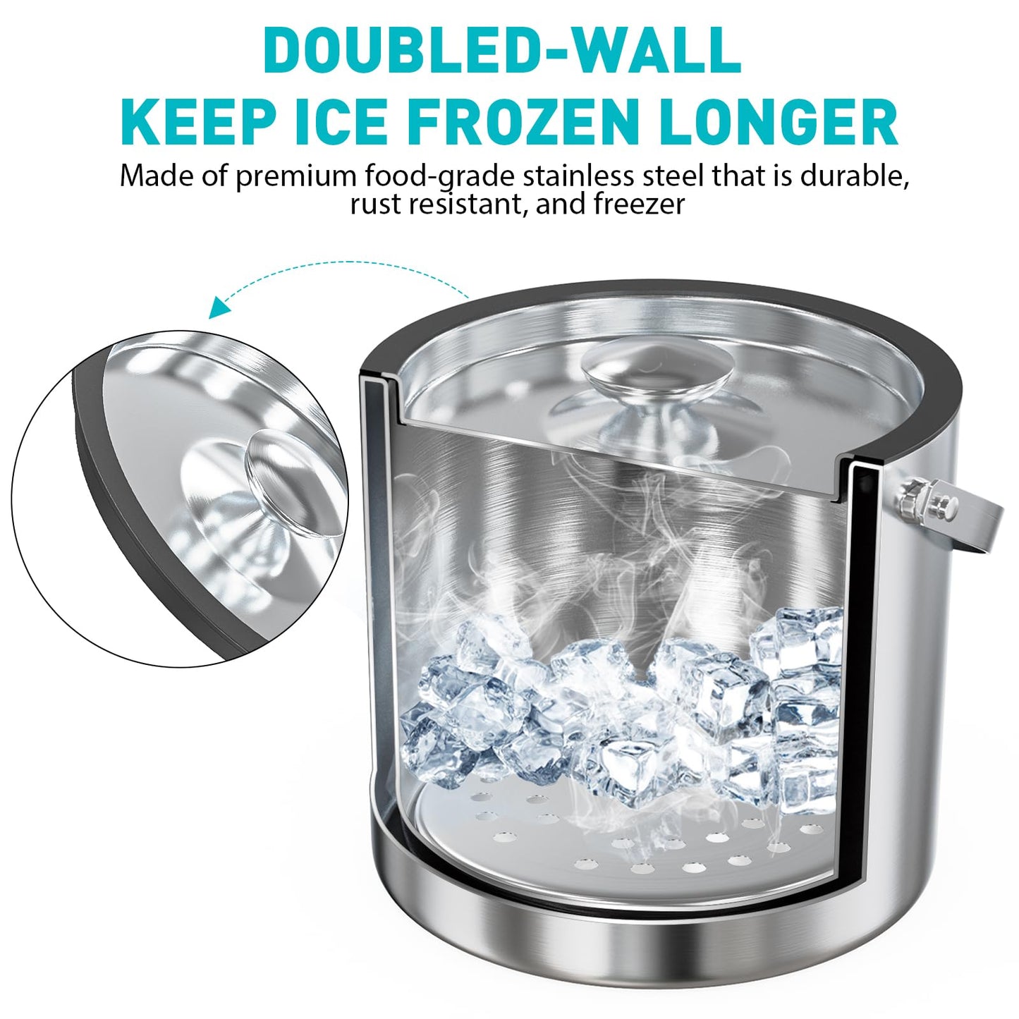 Ice Bucket with Lid and Scoop, 3.2L Double Wall Insulated Stainless Steel Ice Bucket Champagne Bucket for Cocktail Bar and Parties