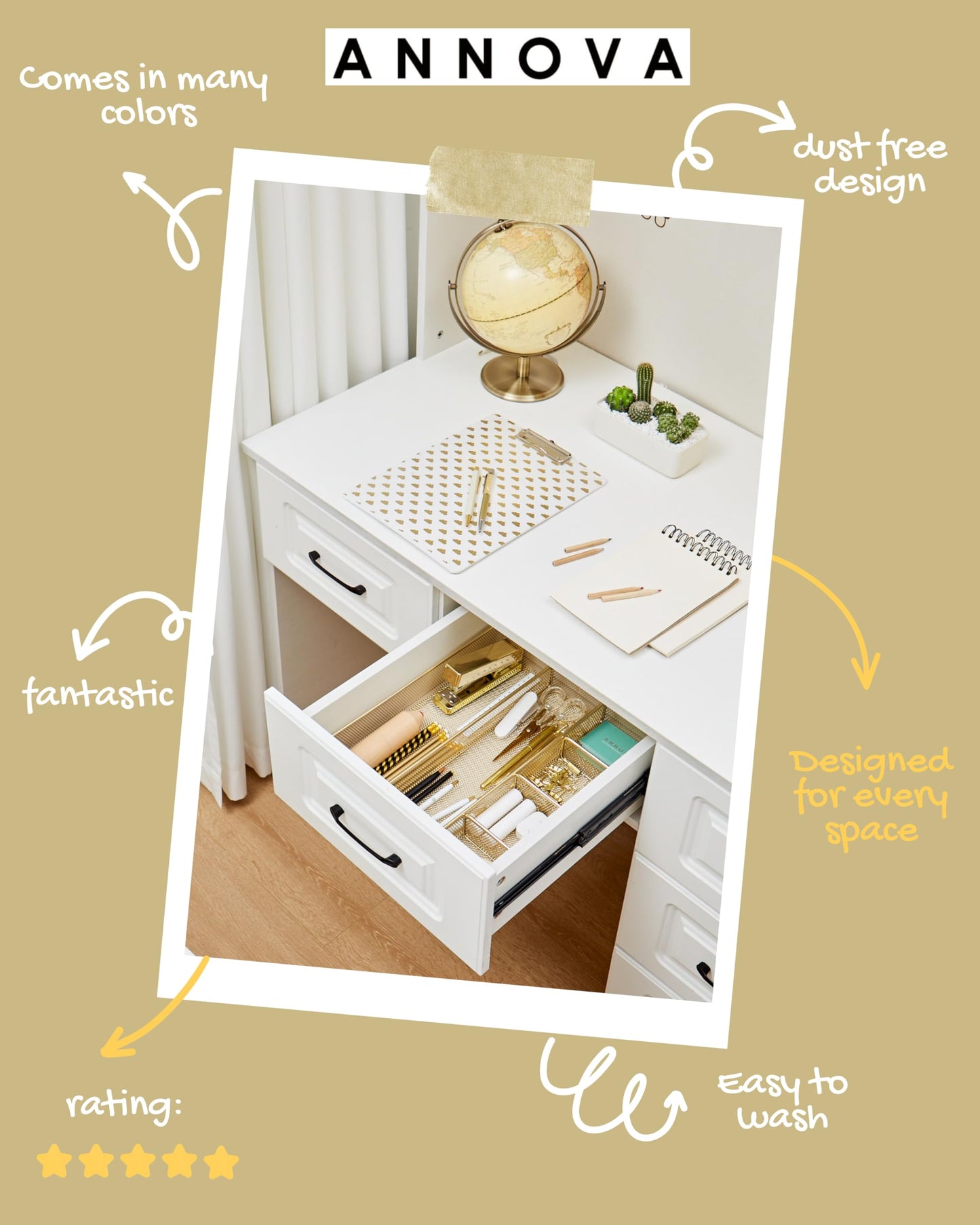 Annova Desk Drawer Organizer/Storage Tray - Metal Mesh with Dividers for Pens, Desktop Accessories, Bathroom, Kitchen, Makeup and Office Supplies (Gold)