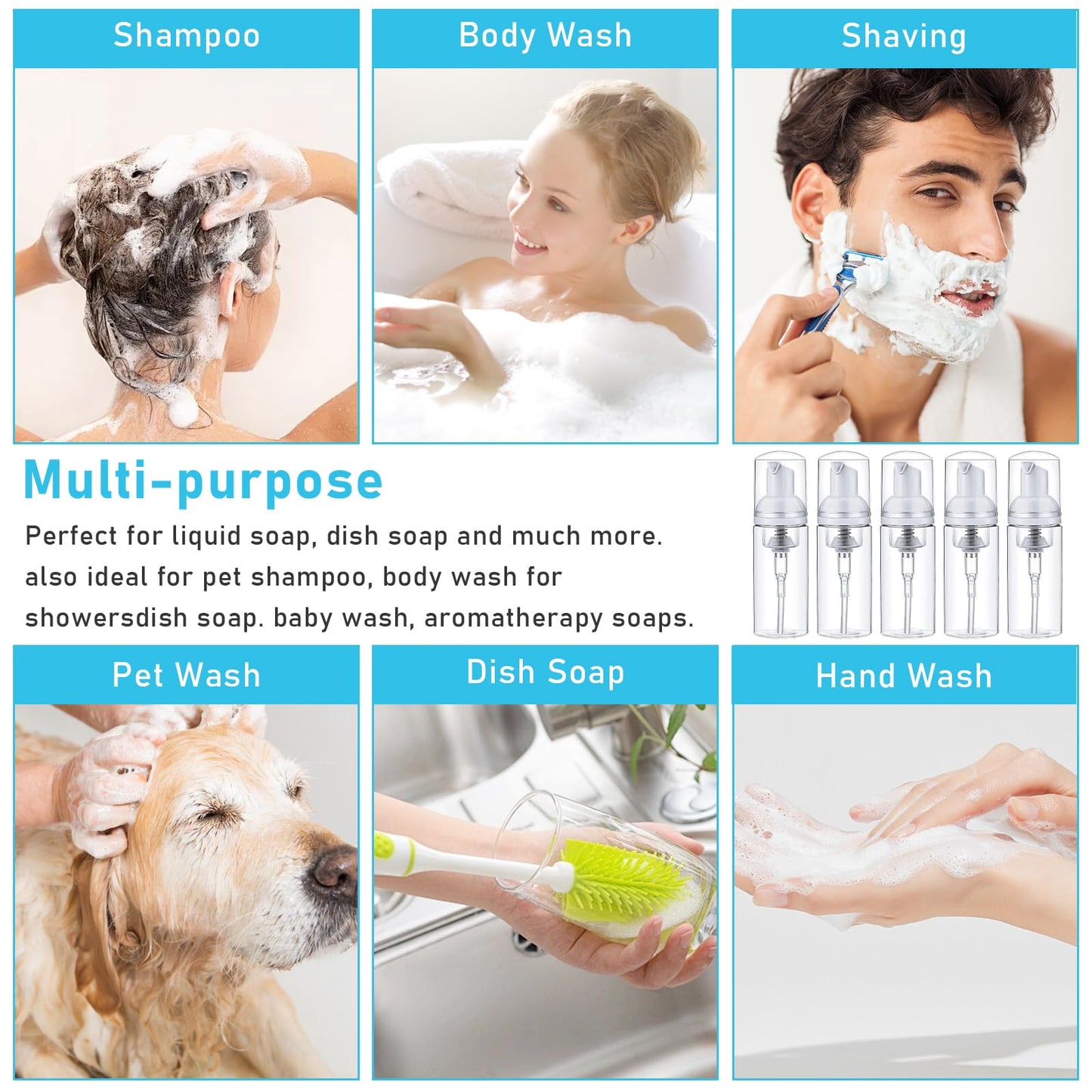 50 Pcs Foam Pump Bottles,50ml Refillable Clear Soap Dispenser, Spray Bottle Containers Plastic Travel Empty Soap Bottle for Hand Lotion Shampoo Lash Cleanse Liquid Soap-BPA Free