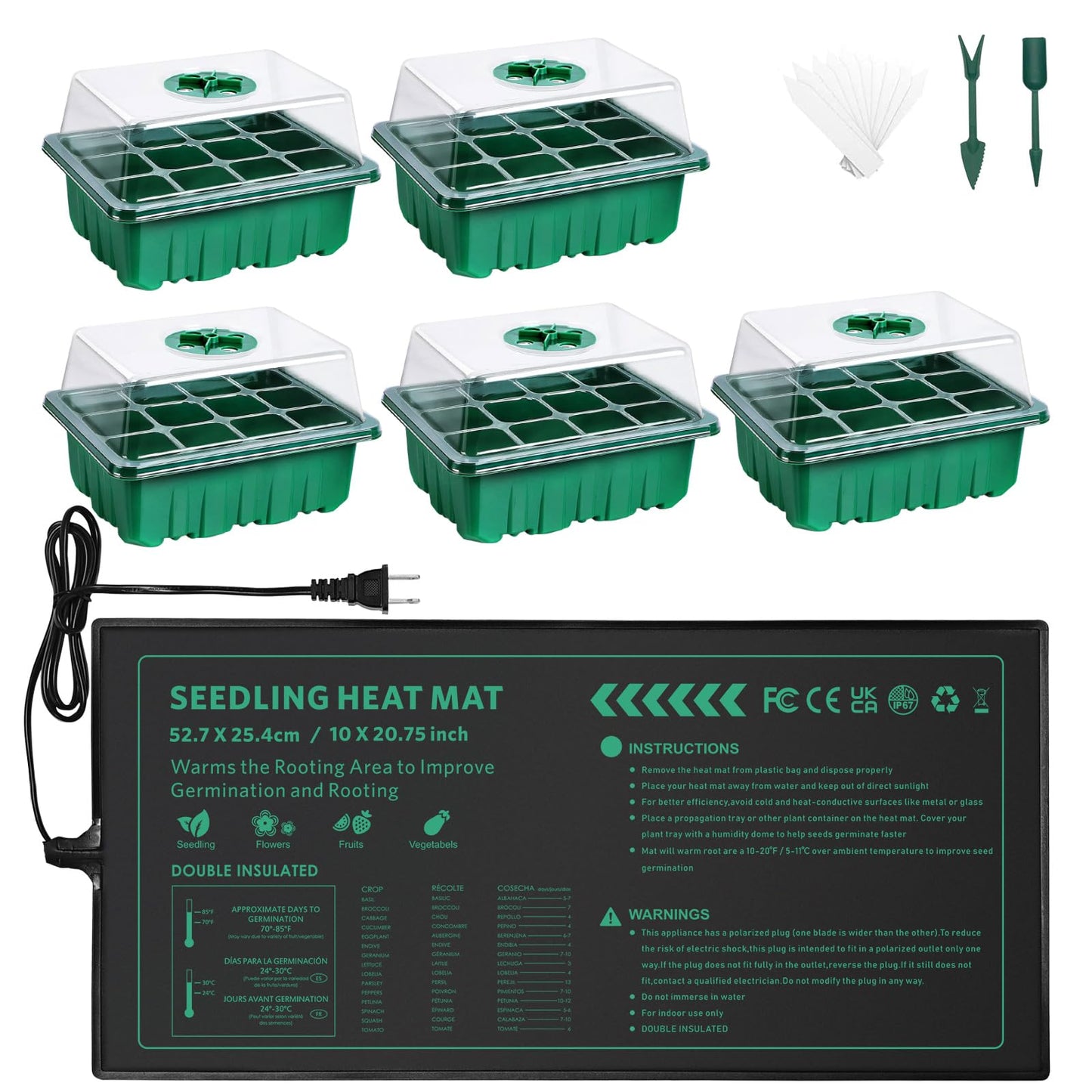 AUPETEK Seed Starter Tray with Heat Mat & 5 Pack with Humidity Domes, 60 Cell Trays Germination Station