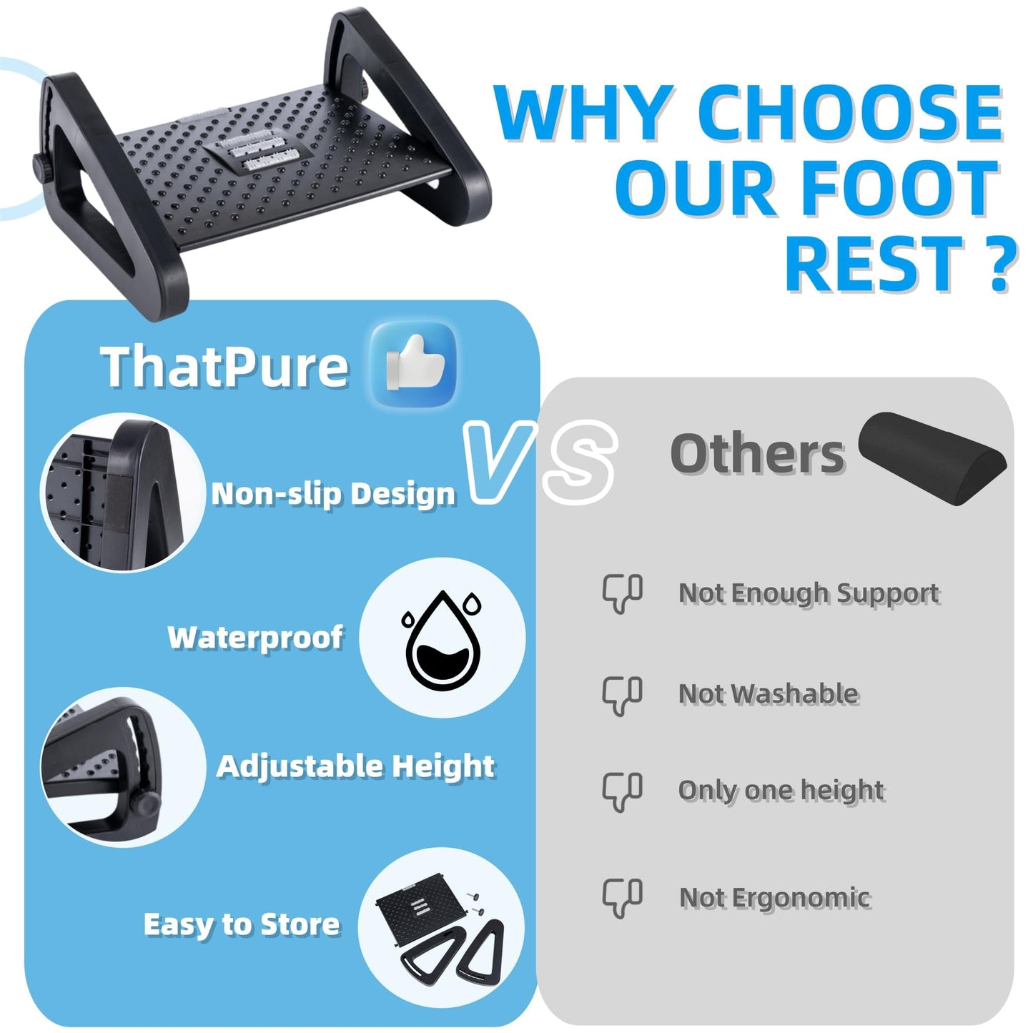 ThatPure Foot Rest for Under Desk, 6 Heights Adjustable Ergonomic Foot Stool with Massage Rollers, Chair Footrest for Leg Rests at Work Gaming Home Office