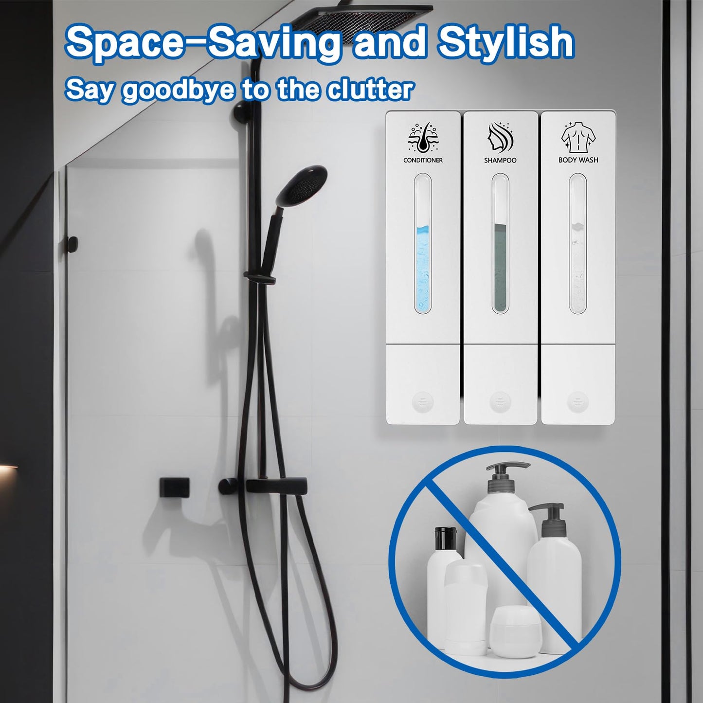 KOYFOYO Shampoo and Conditioner Dispenser, Shower Soap Dispenser 3 Chamber No Drill, Shampoo Dispenser for Shower Wall, Body Wash Dispenser Wall Mounted for Bathroom Hotel (3x13.5oz White)