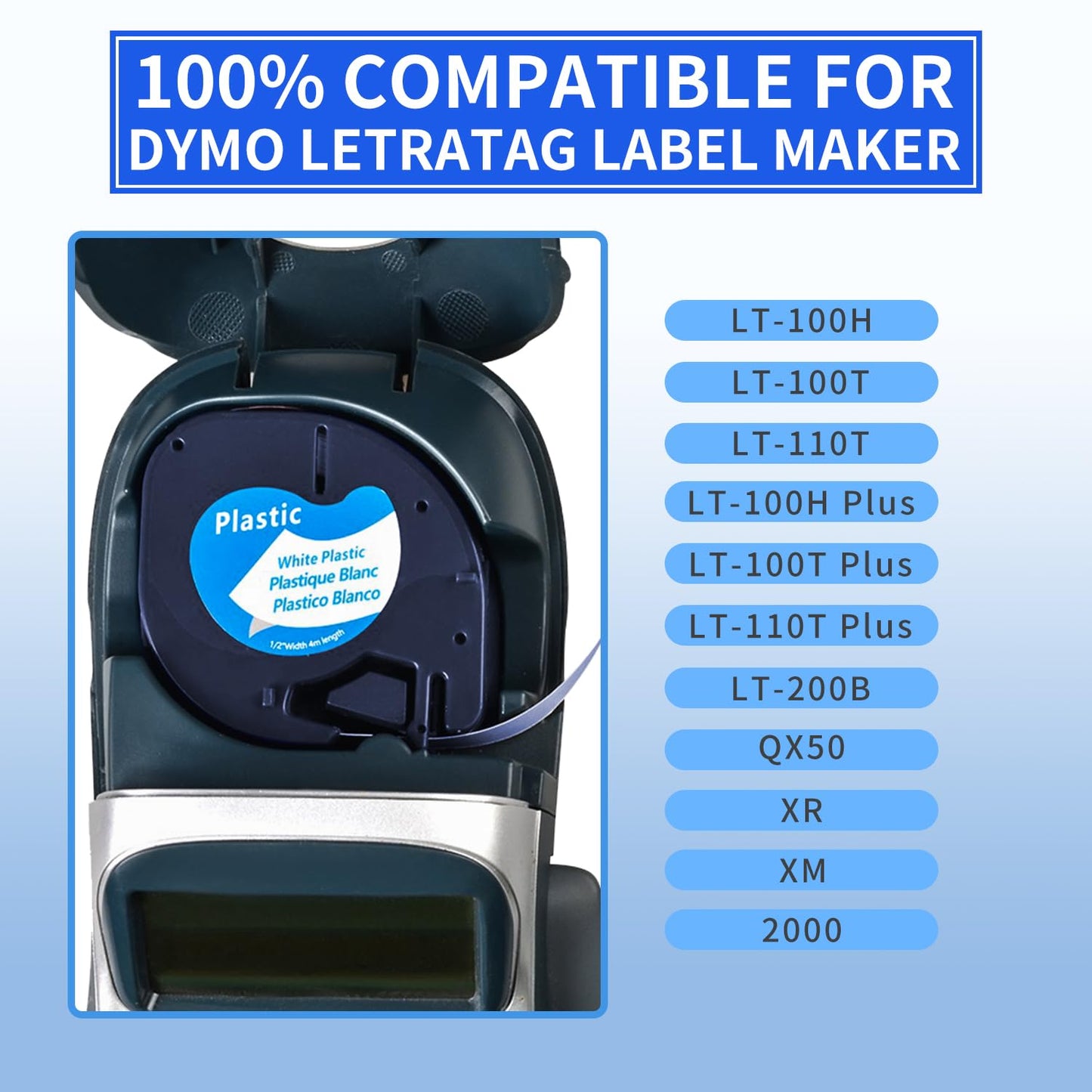 AYMSous Black on White Plastic Tape Label Maker Compatible for Dymo LetraTag Refill 91331, 12mm x 4m (1/2'' x 13') for Dymo Letra Tag Label Maker LT-100H LT-100T LT-110T QX50 (10-Pack)