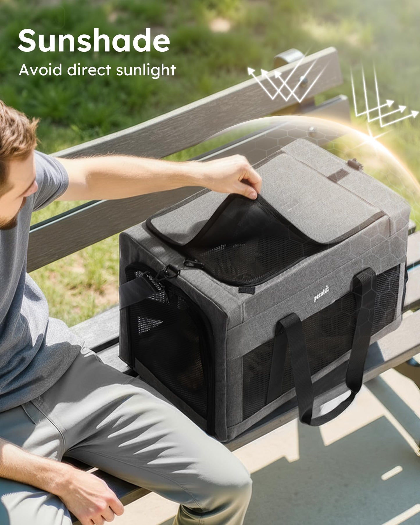 Pecute Cat Carrier 47 * 30 * 33cm, Thickened 5mm Steel Wire Frame, Stable Dog Carrier for Small Dogs, Breathable Foldable Pet Carrier with Sunshade, Suitable for Pets up to 7kg/15lbs (Gray),XL