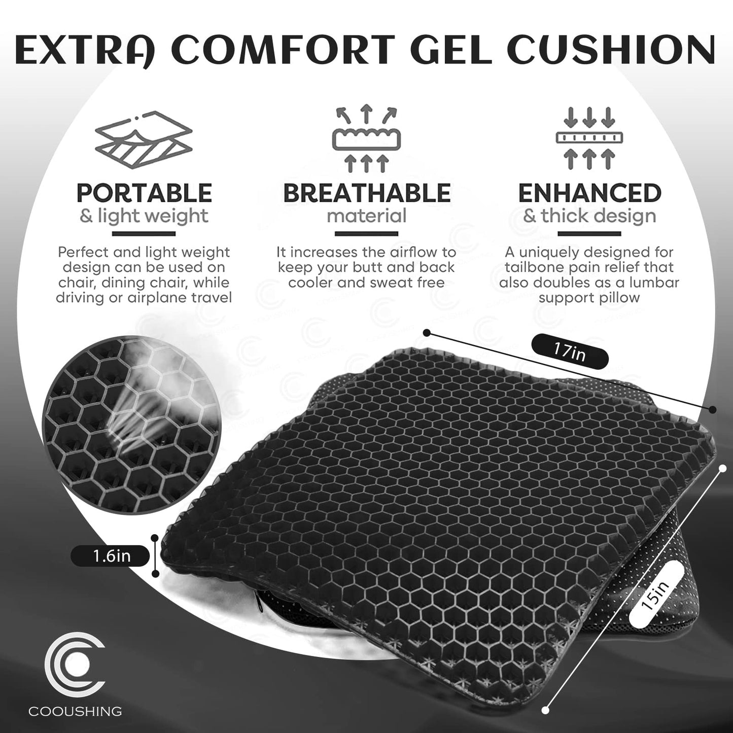 Gel Seat Cushion, Double Thick Gel Cushion,Non-Slip Cover,Help in Relieving Back Pain & Sciatica Pain,Breathable Wheelchair Cushion Chair Pads for Car Seat Office Chair