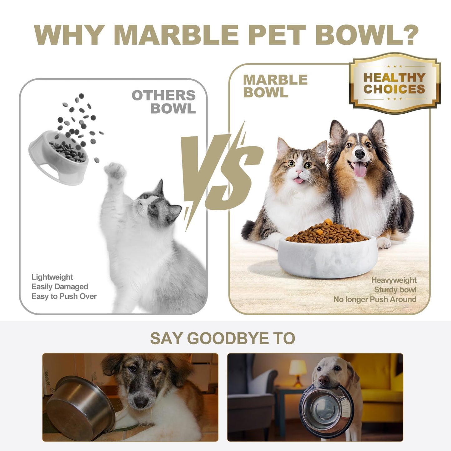 White Marble Dog Bowls, Non-Slip Dog Food Water Bowl Small, Pet Bowl for Cats and Medium Dogs, African Natural Marble, Holds 4 Cups(5lbs)