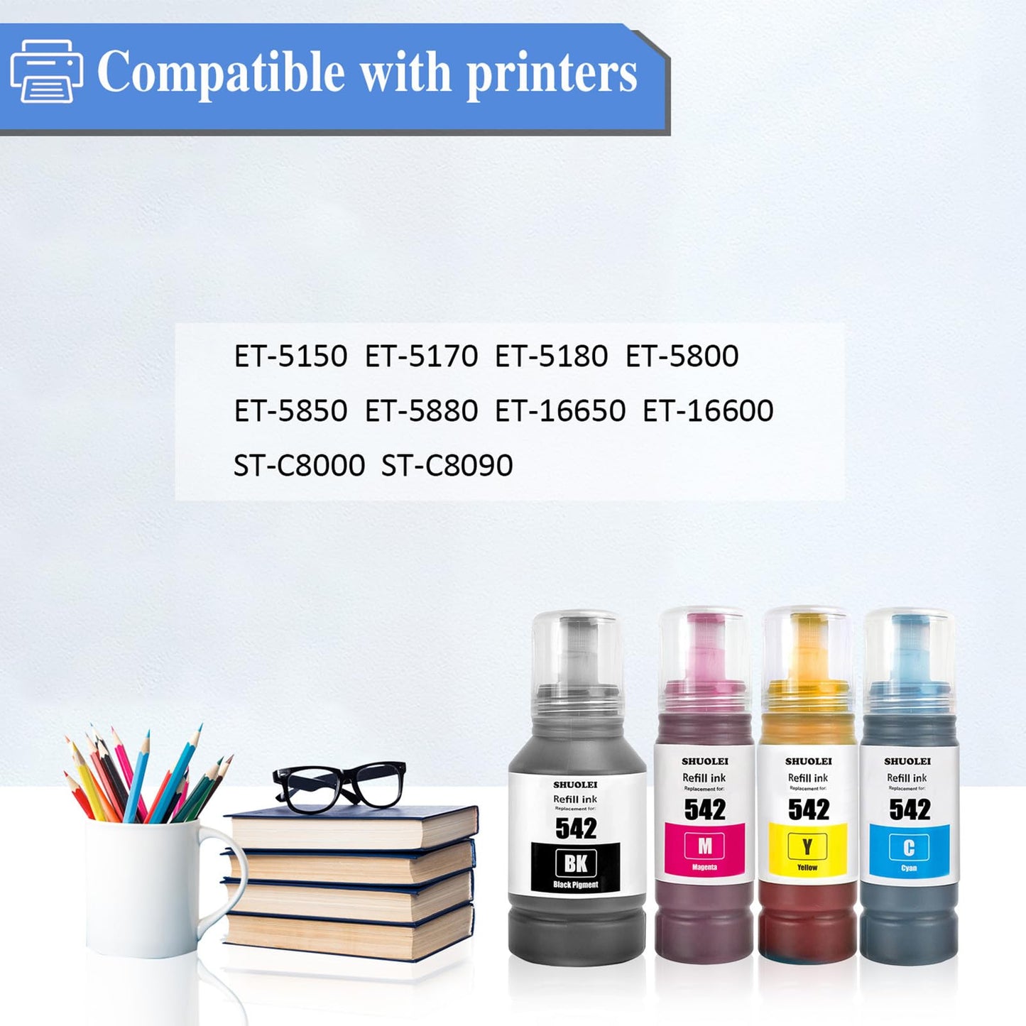 SHUOLEI 542 Ink Compatible Refill Bottle Ink 542 T542 Work for EcoTank Pro ET-5150 ET-5170 ET-5180 ET-5800 ET-5850 ET-5880 ET-16650 ET-16600 Workforce ST-C8000 (4 Packs, BK/C/M/Y)