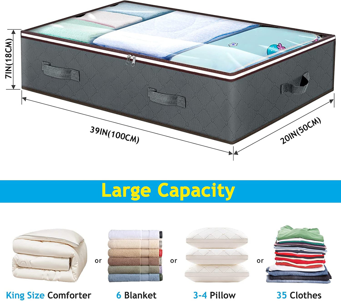 90L Under Bed Storage Containers 6 Pack Underbed Closet Storage Organizer System Moving Bags with Clear Window and Reinforced Handles for Bedding Pillows Blanket Clothes Wardrobe Bedroom