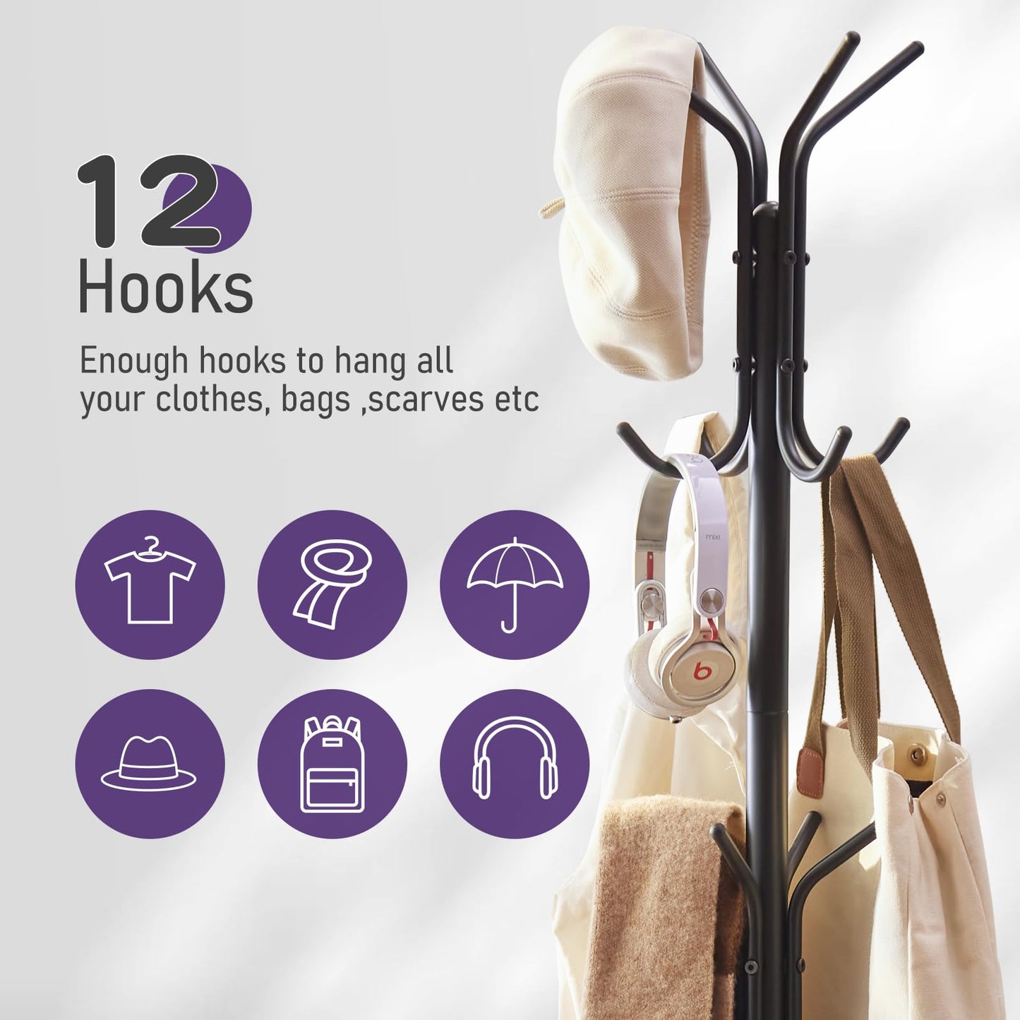 Wieghda Metal Coat Rack with Umbrella Holder,Coat hanger Freestanding,Entryway Hanger Stand,Hall Tree With 12 Hooks,Black