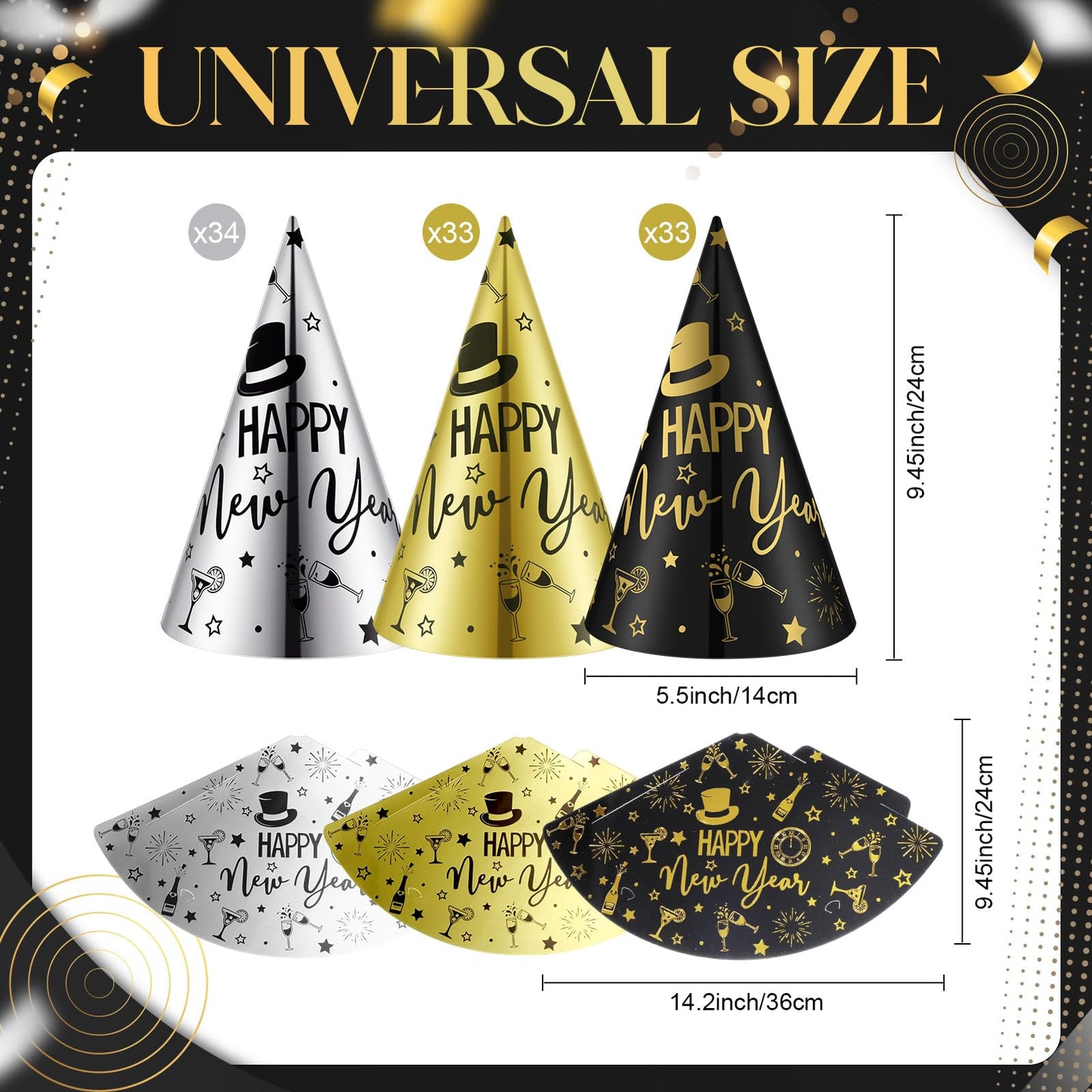 100 Pcs Happy New Year Party Supplies New Years Eve Hats Bulk Black Silver Gold Cone Hats for Adults Photo Props Supplies
