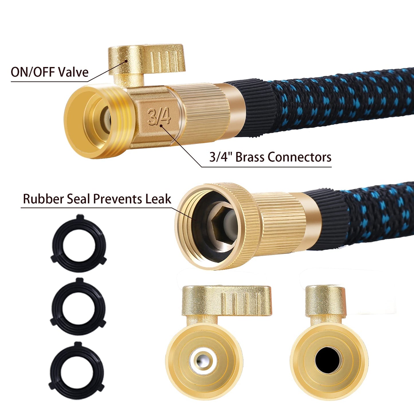 Expandable Garden Hose, 50ft Water Hose Flexible Garden Hose with Triple Latex Core,10 Function Water Spray Nozzle,3/4" Solid Brass Fittings,Retractable Fabric,Leakproof No-Kink Expanding Hose