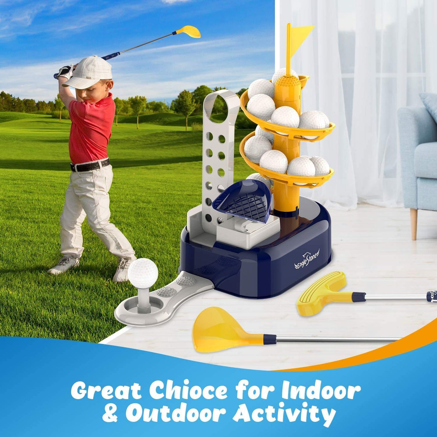 EagleStone Golf Toys for Kids, Kids Golf Toys Set with 15pcs Training Golf Balls & Clubs Equipment, Outdoor Lawn Sport Toy, Indoor Exercise Game Gift for Kids Boys Girls Toddler Aged 3 4 5 6 7 8