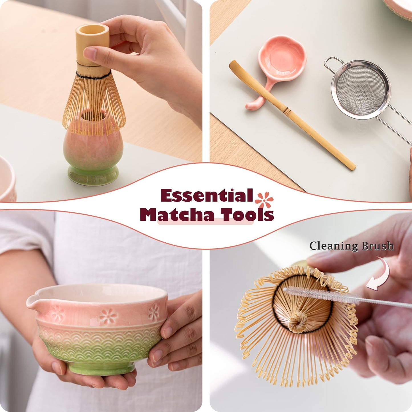 Matcha Tea Set, 8 Pcs Japanese Matcha Kit with Cherry Blossom and Wave Design Ceramic Bowl, Bamboo Whisk, Whisk Holder, Scoop, Sifter, Brush, Matcha Whisk Set for Matcha Lovers (Pink-Green)