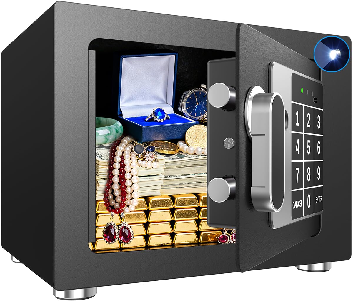 Small Home Safe, 6.7”D x 9”W x 6.7”H, Electronic Keypad Lock Security Box for Cash, Jewelry, Passport, Hidden Safe for Closet, College Dorm Room, Black