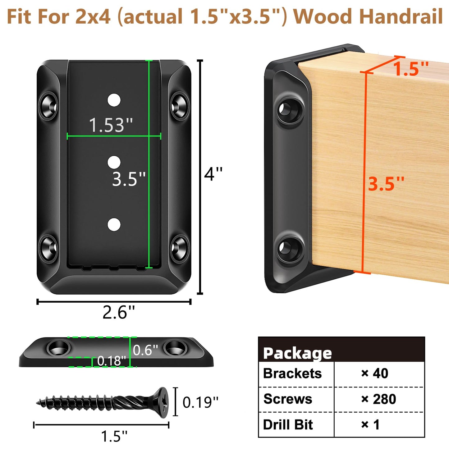 DN Mate 40 PCS Deck Railing Bracket Connectors for 2x4 (Actual 1.5”x3.5”) Wood Deck Railing Post to Handrail, Stair Railing Connectors with Coated Wood Screws,Drill Bit, Fence Railing Brackets