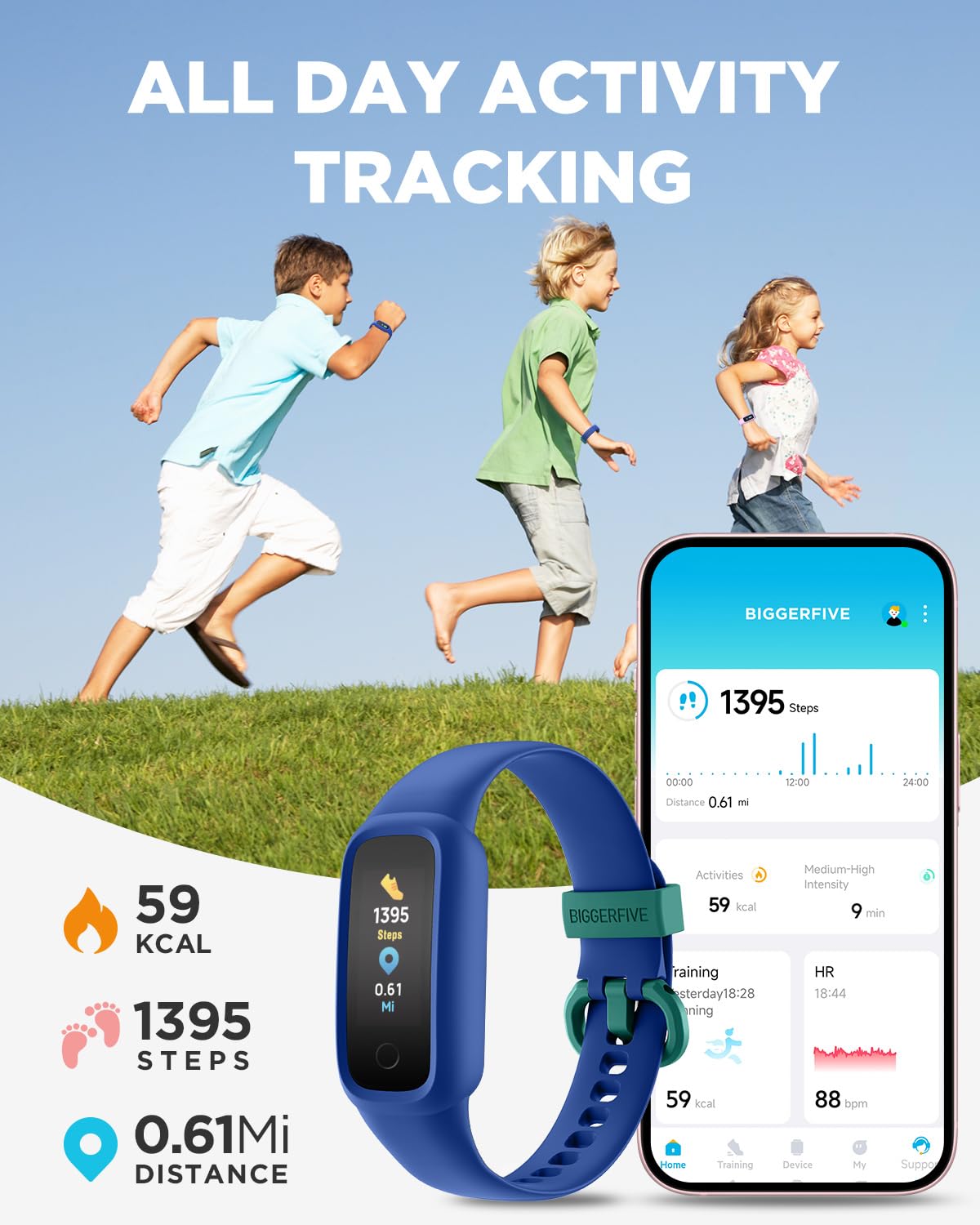 BIGGERFIVE Vigor 2 L Kids Fitness Tracker Watch for Boys Girls Ages 5-15, Activity Tracker, Heart Rate Sleep Monitor, IP68 Waterproof, Pedometer, Calorie Step Counter Watch, Blue