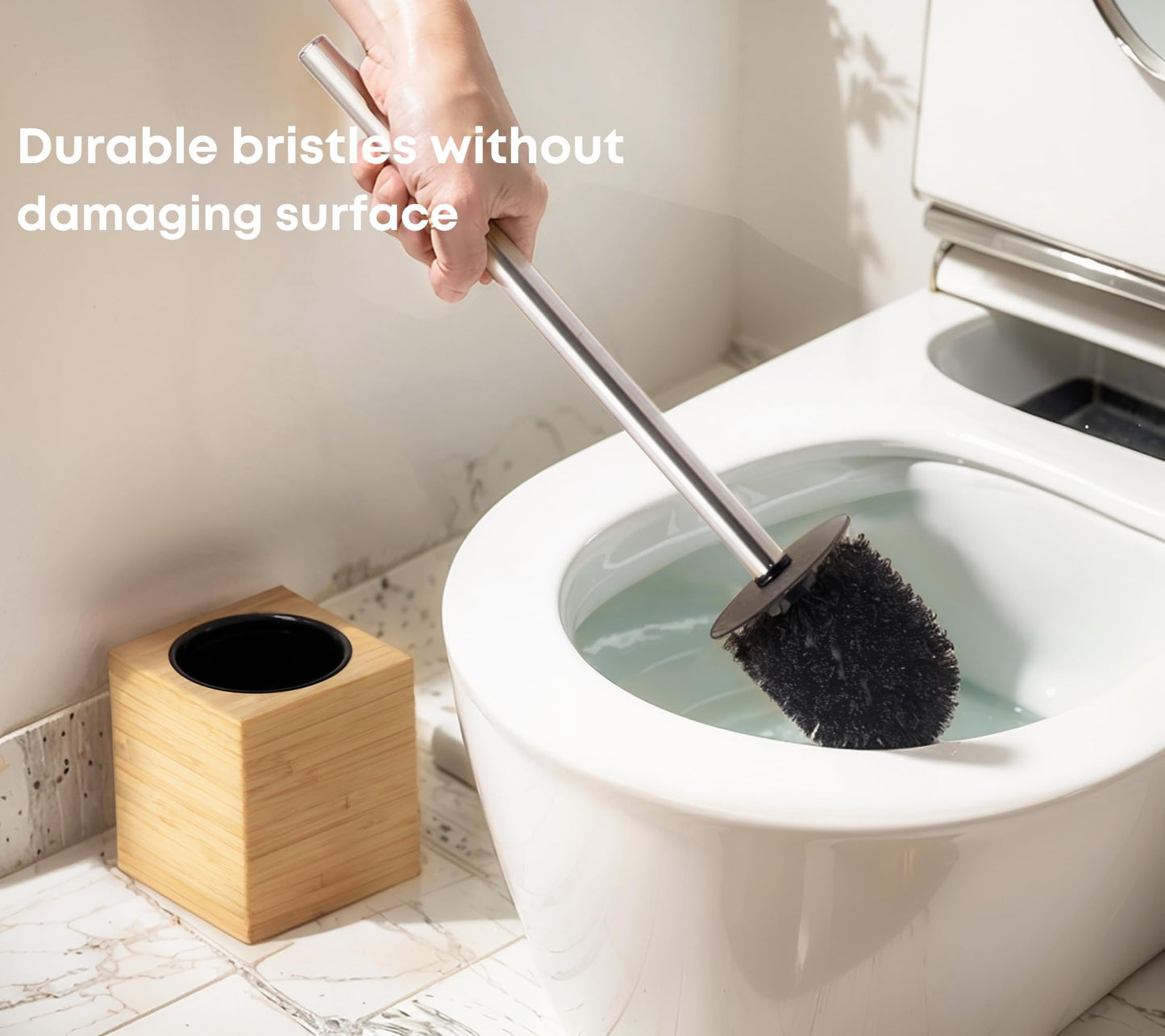 Clasin Home Toilet Bowl Brush Holder with Bamboo and Stainless Steel for Durable Use, Toilet Scrubber Brush with Long Handle for Easy Deep Cleaning, Compact Hidden Bathroom Toilet Cleaner Brush Set