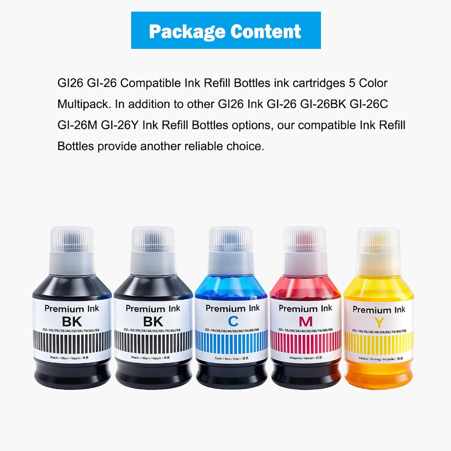 GI26 GI-26 Ink Refill Bottles High Capacity Compatible for Canon MAXIFY GX7021 GX6021 GX7020 GX6020 GX6120 GX5020 GX4020 GX3020 Printer, 5 Packs Multipack GI-26BK GI-26C GI-26M GI-26Y (2*BK, C/M/Y)