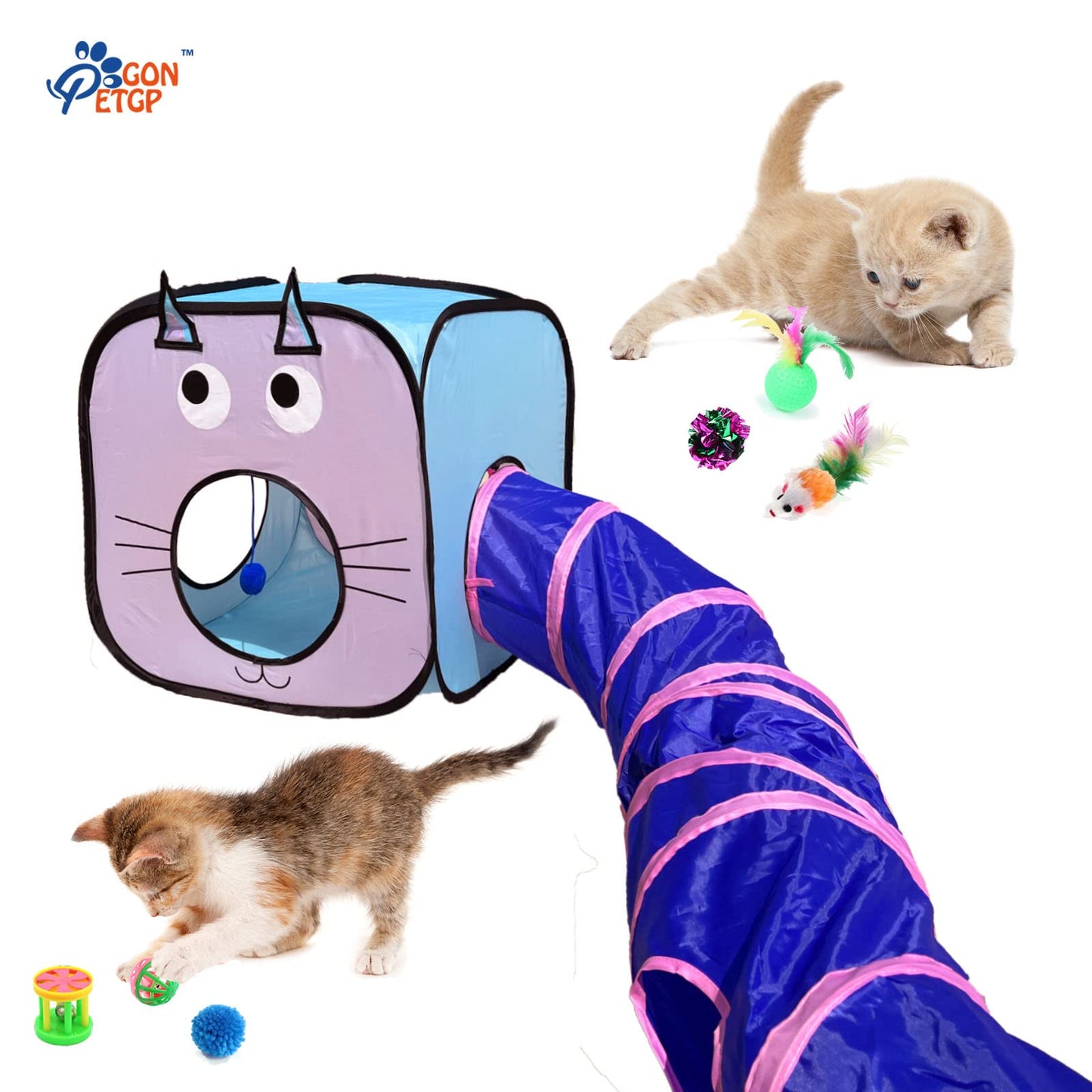 GONPETGP Cat Toys for Indoor Cats, 23 PCS Kitten Toys Set, Collapsible Pet Tunnel Cube Tent Toys, Interactive Cat Feather Teaser Wand Cat Bell Balls Fuzzy Ball Springs Mouse Toys for Cat Kitty